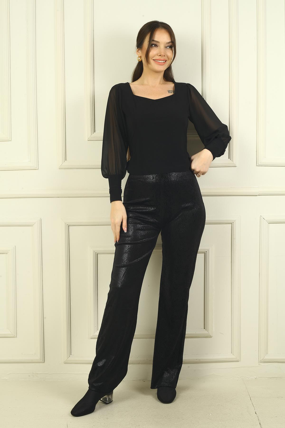 S-24Y4280017Kadın Beli Lastikli Timsah Desenli Likralı Pantolon