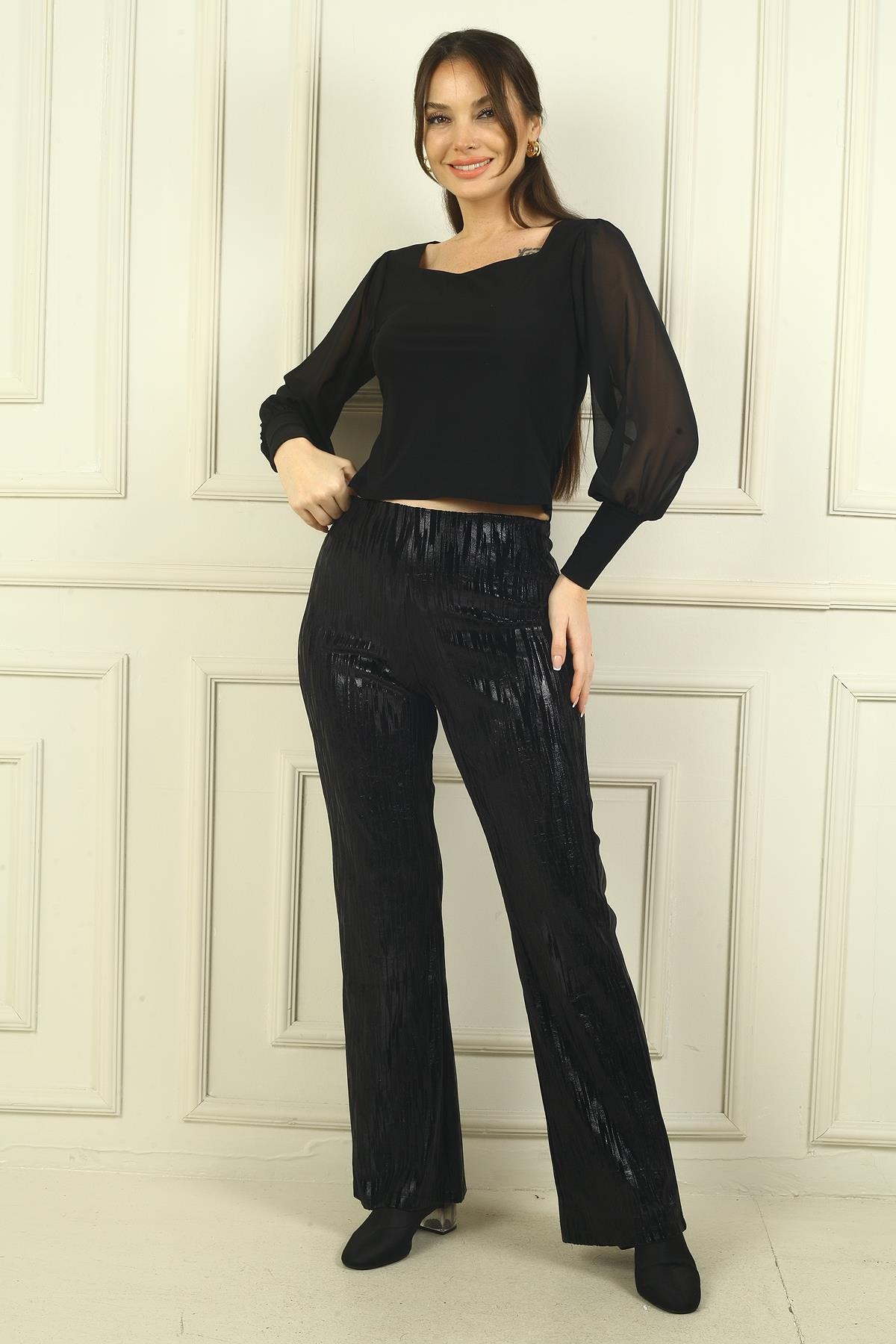 S-24Y4280018Kadın Beli Lastikli Zigzag desenli Likralı Pantolon