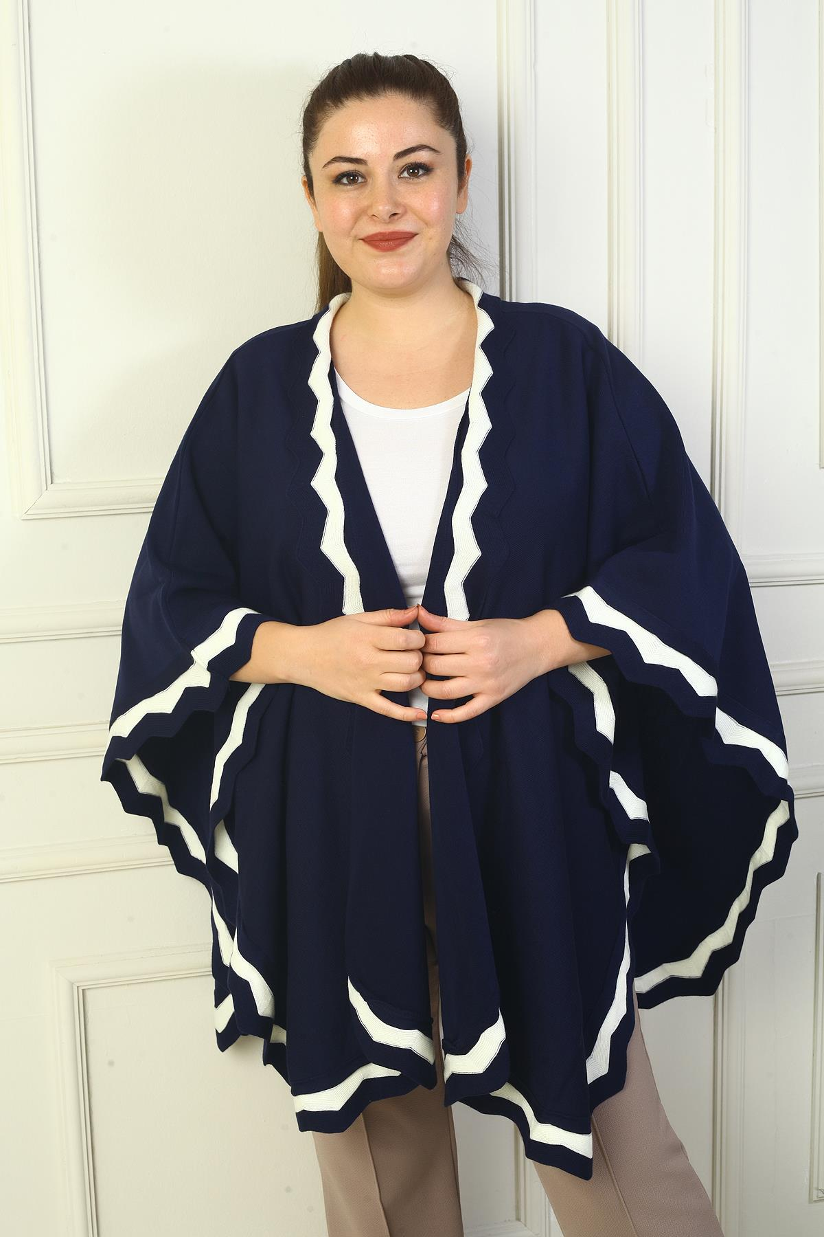 S-24Y4300010Kadın Lazer Kesi Şeritli Büyük Beden  Akrilk Panço