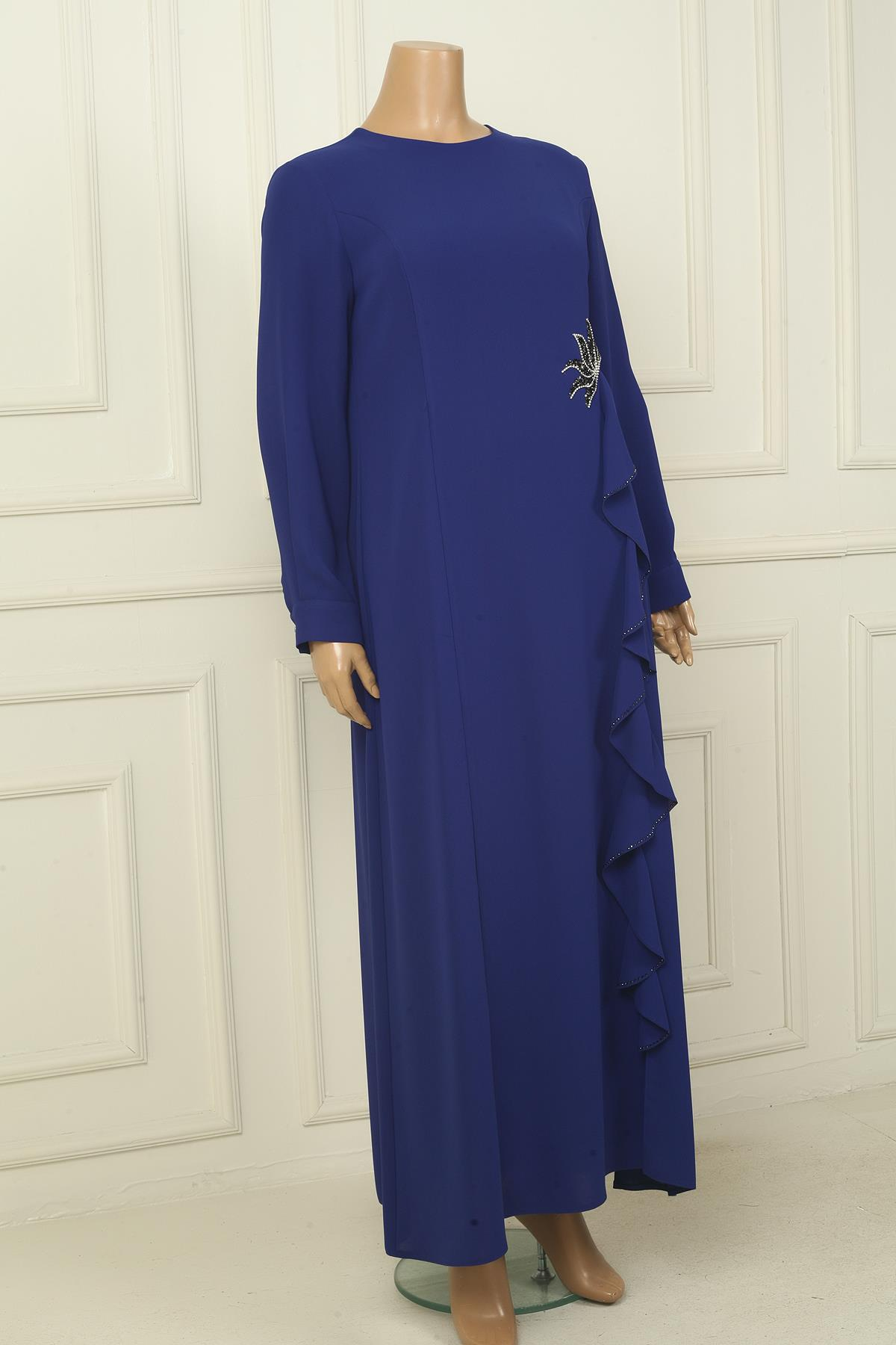 S-24Y4310002Kadın Çiçek Taş İşlemeli Volanlı Büyük Beden Uzun Krep ELbise