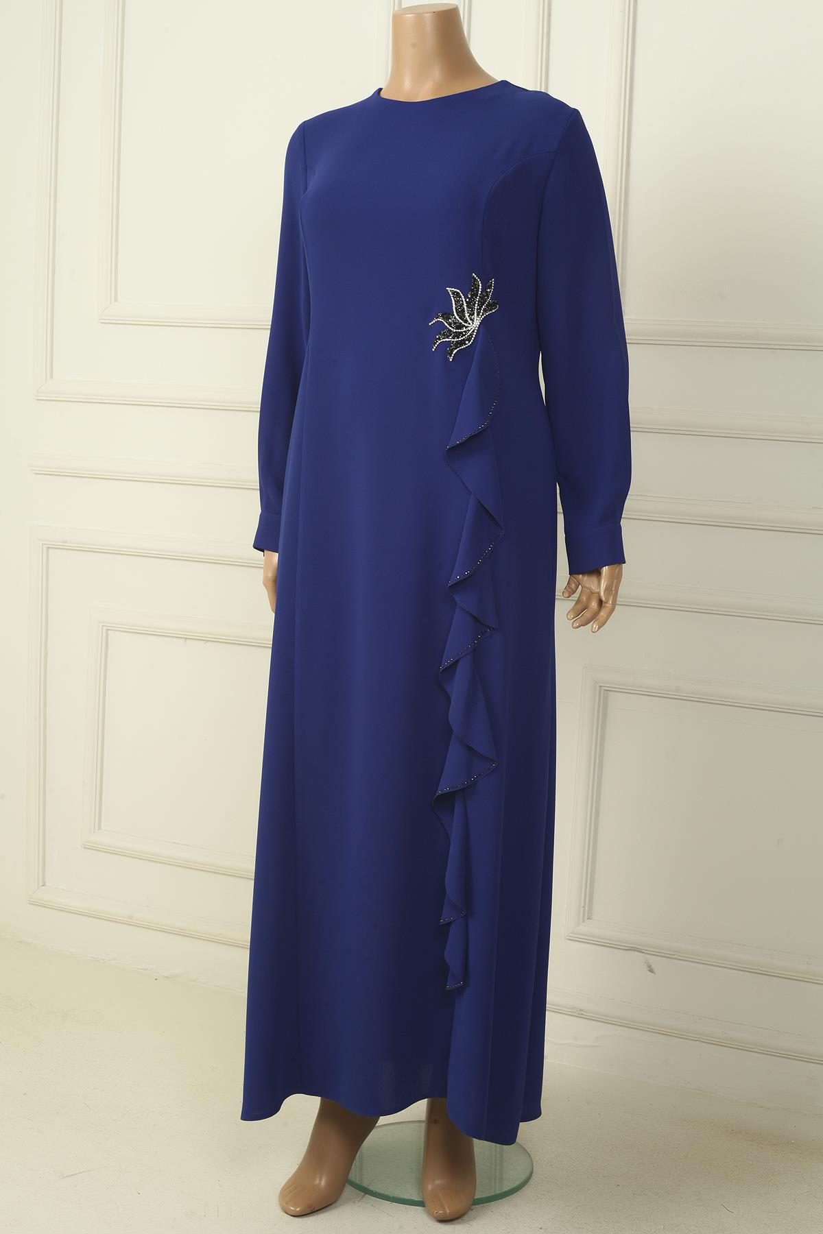 S-24Y4310002Kadın Çiçek Taş İşlemeli Volanlı Büyük Beden Uzun Krep ELbise