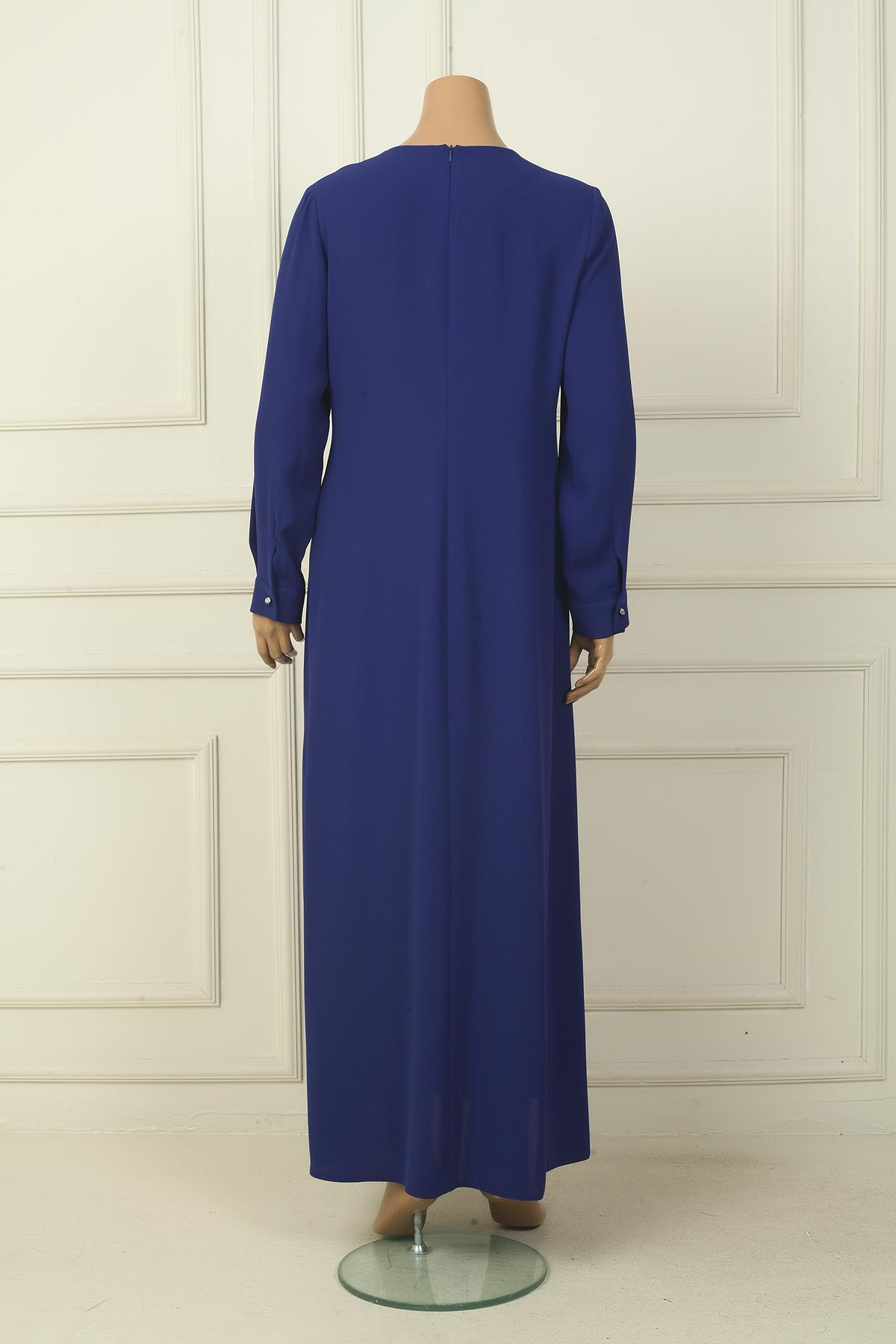 S-24Y4310002Kadın Çiçek Taş İşlemeli Volanlı Büyük Beden Uzun Krep ELbise