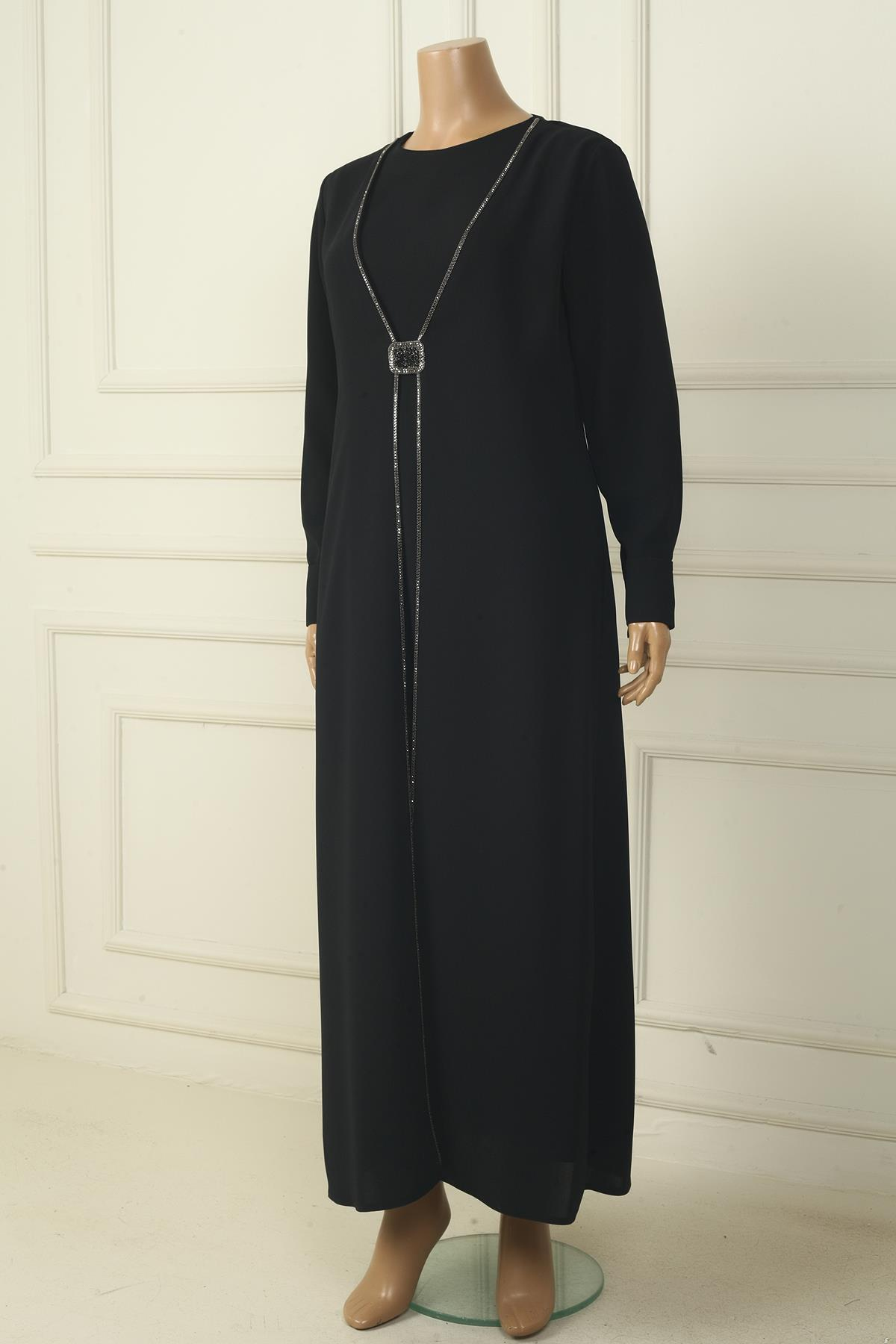 S-24Y4310003Kadın Kol Ucu Fermuarlı Beli Tokalı Taş Detaylı Büyük Beden Uzun Krep Elbise