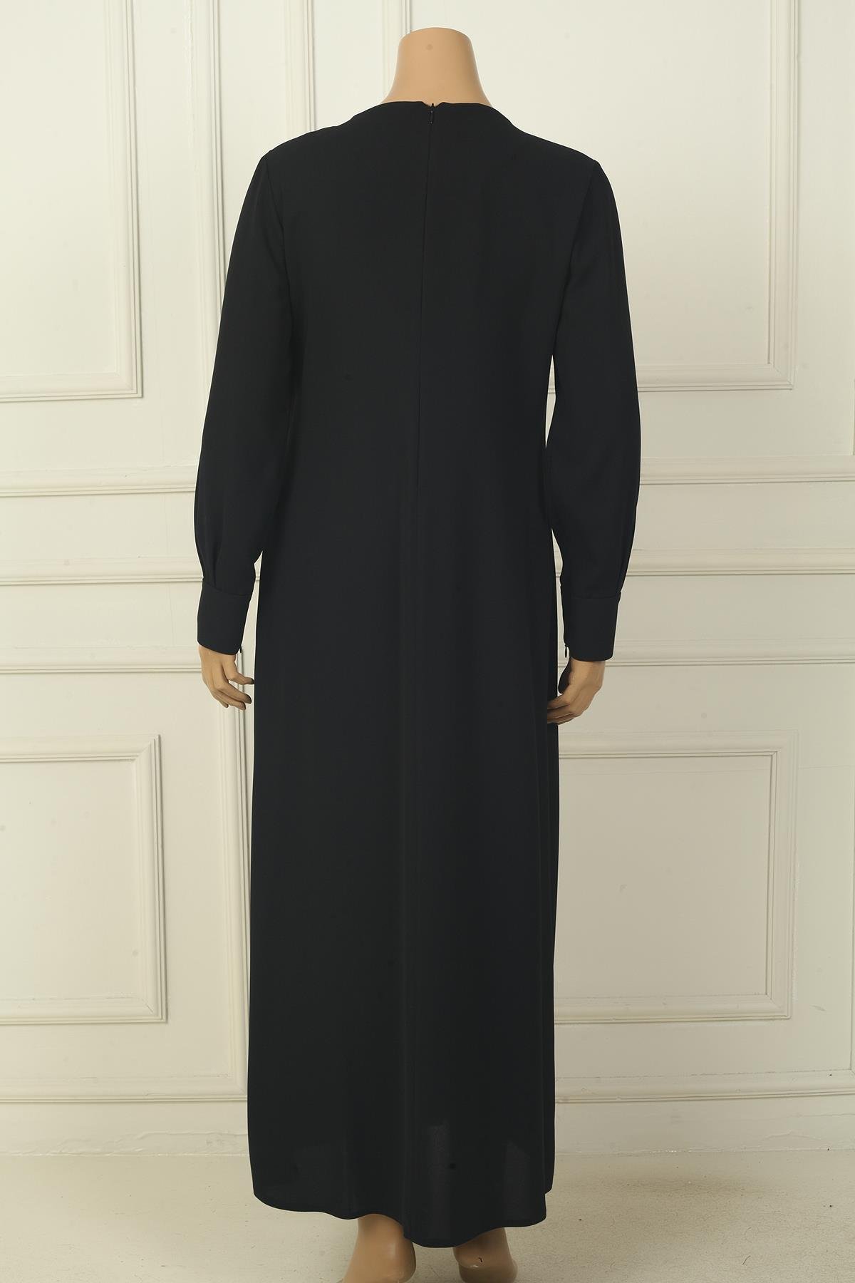 S-24Y4310003Kadın Kol Ucu Fermuarlı Beli Tokalı Taş Detaylı Büyük Beden Uzun Krep Elbise