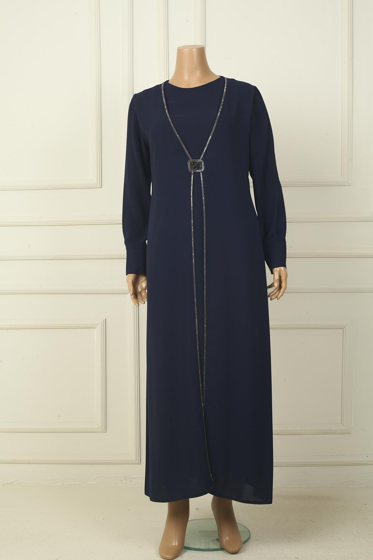 S-24Y4310003Kadın Kol Ucu Fermuarlı Beli Tokalı Taş Detaylı Büyük Beden Uzun Krep Elbise