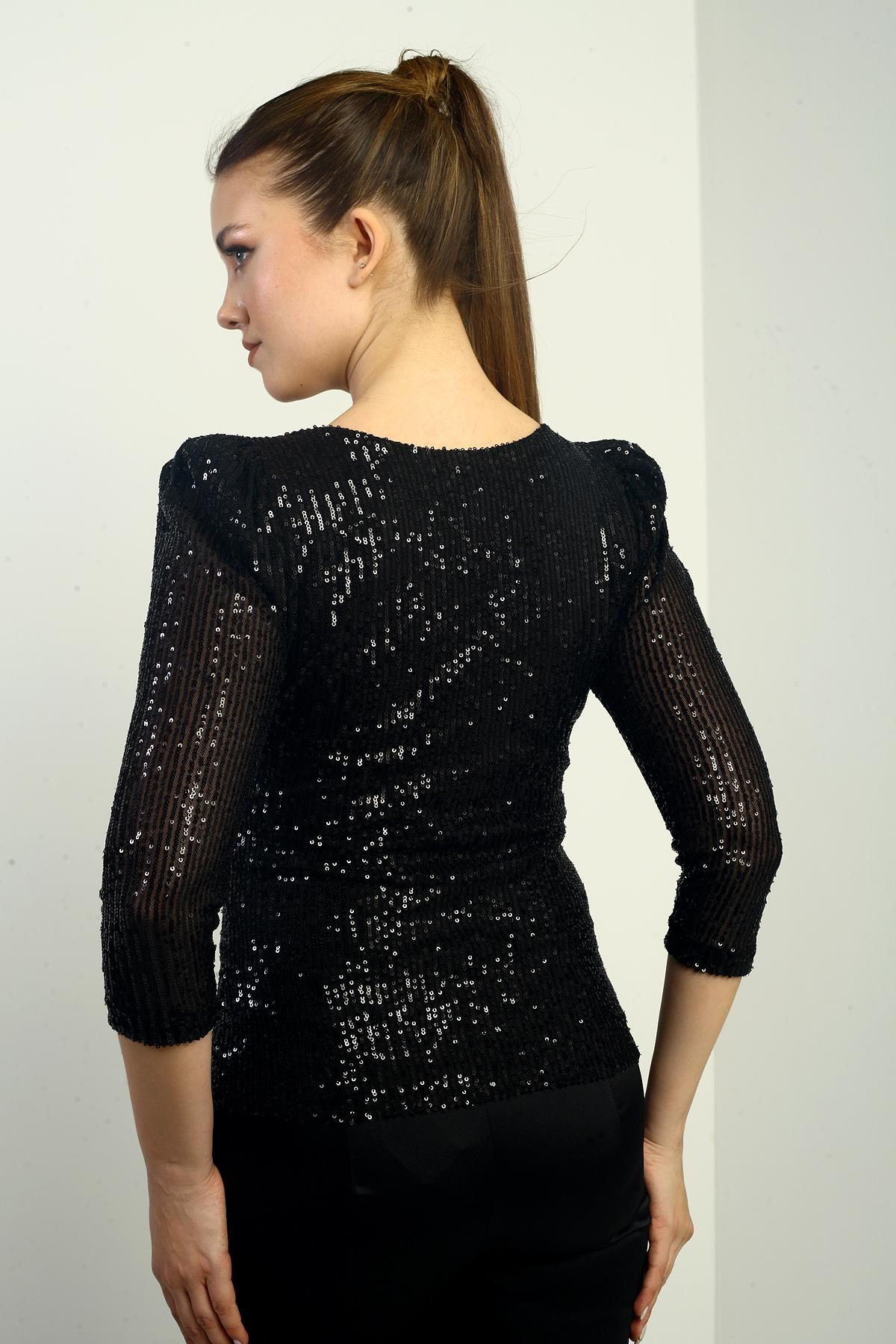 S-25K0910002Kadın Kruvaze Yaka Önü Drapeli Astarlı Pulpayet Uzun Kollu Bluz