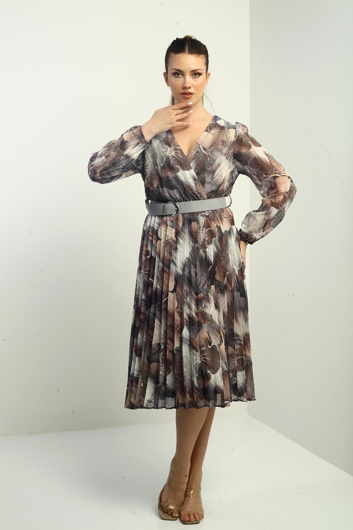 S-25K1520003Kadın Kruvaze Yaka Beli Kemerli Astarlı Çiçek Desenli Pileli Midi Şifon Elbise