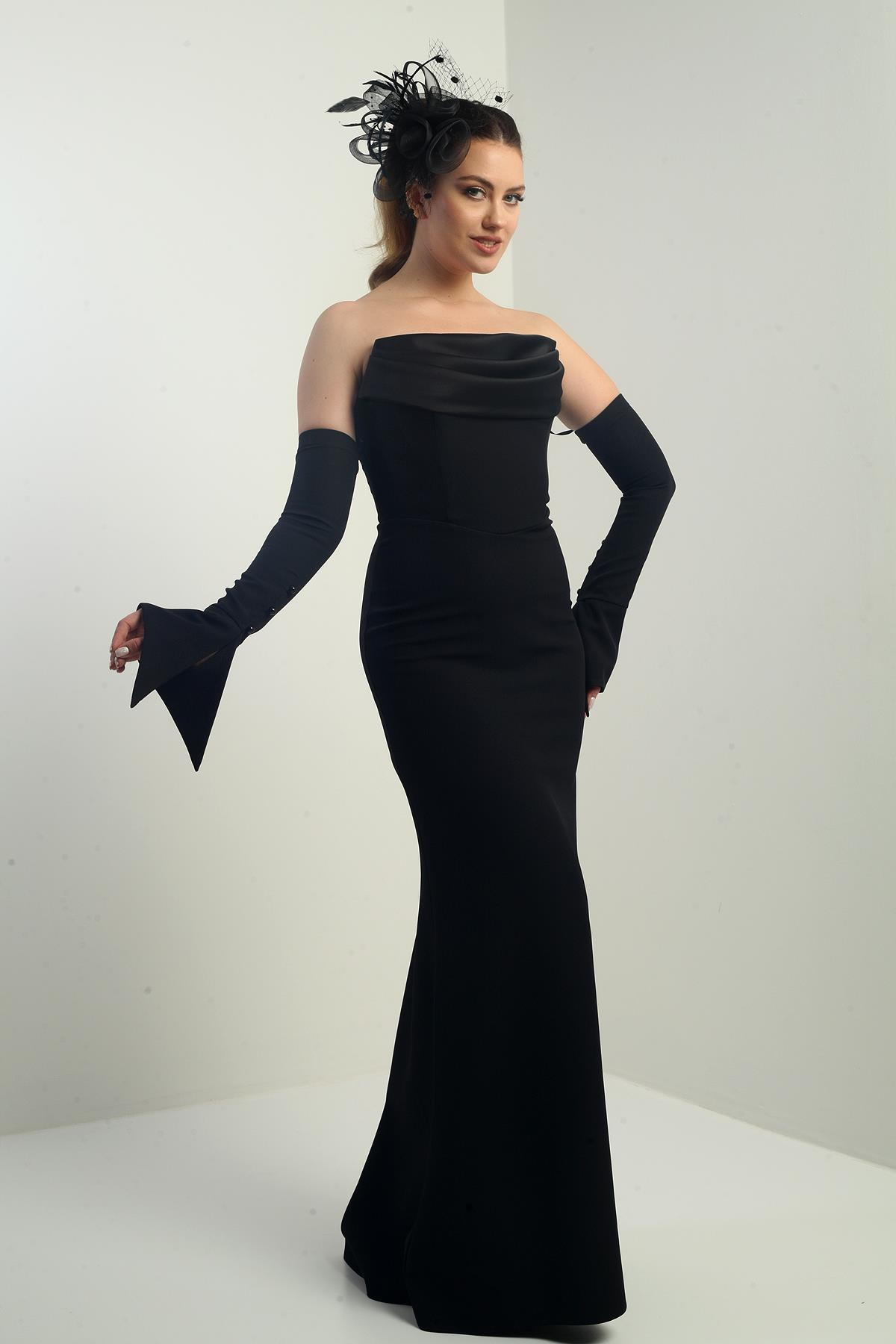 S-25K1650001Kadın Straplez Takma Kollu Telalı Astarlı Krep Uzun Abiye Elbise