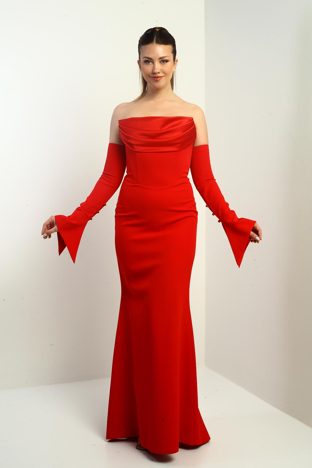 S-25K1650001Kadın Straplez Takma Kollu Telalı Astarlı Krep Uzun Abiye Elbise