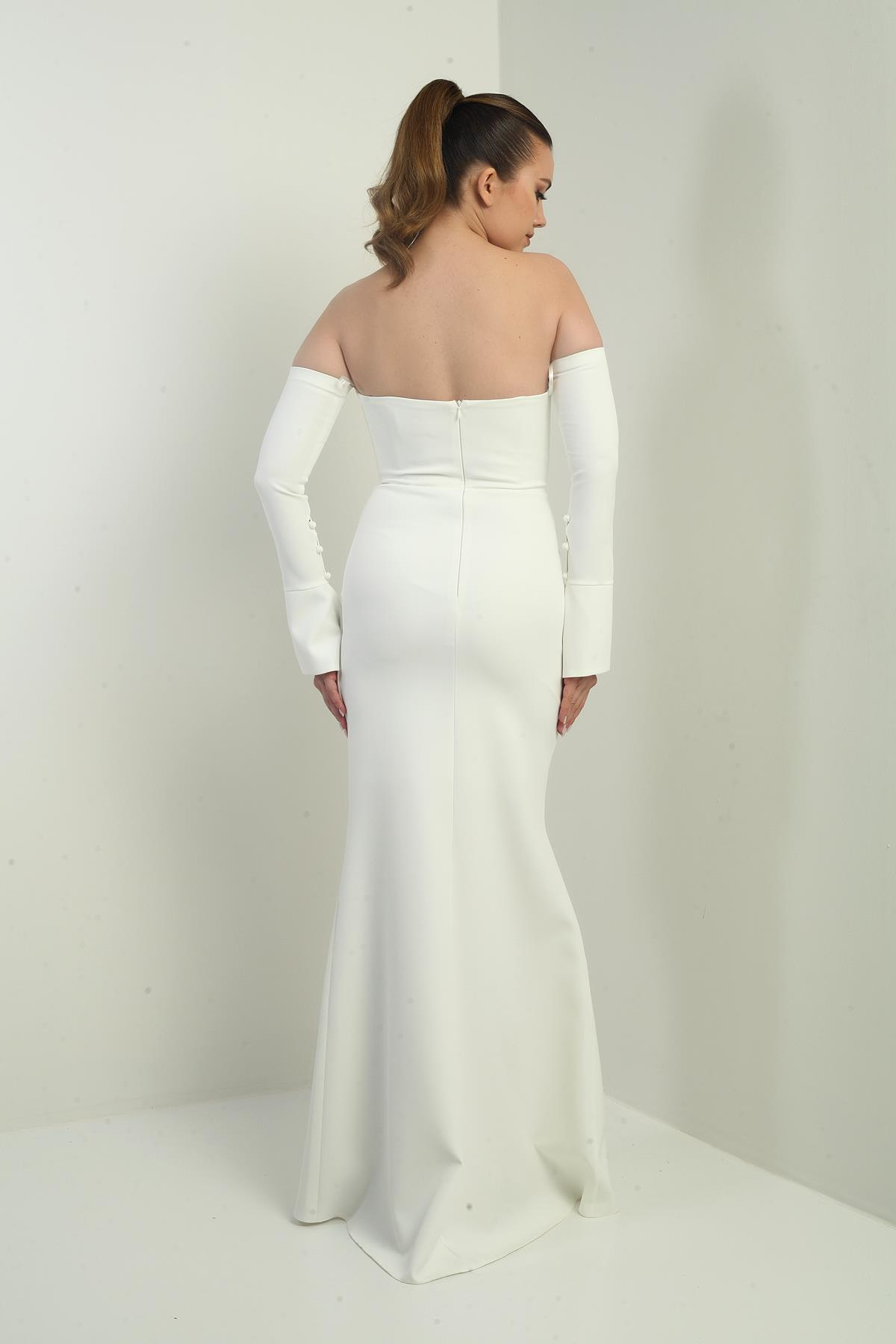 S-25K1650001Kadın Straplez Takma Kollu Telalı Astarlı Krep Uzun Abiye Elbise