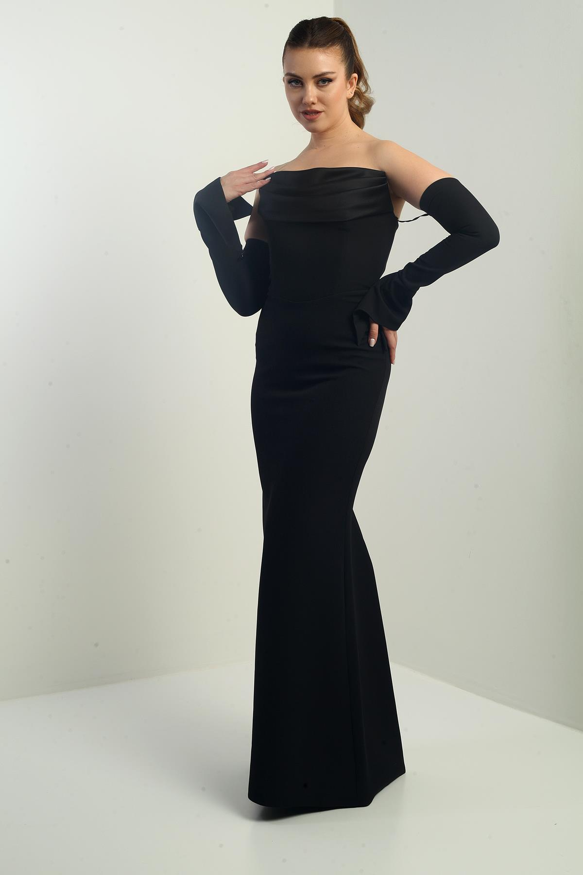 S-25K1650001Kadın Straplez Takma Kollu Telalı Astarlı Krep Uzun Abiye Elbise