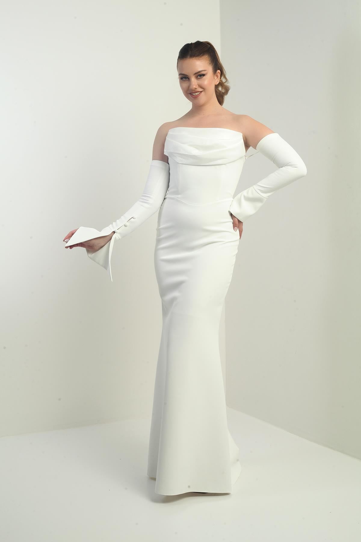 S-25K1650001Kadın Straplez Takma Kollu Telalı Astarlı Krep Uzun Abiye Elbise