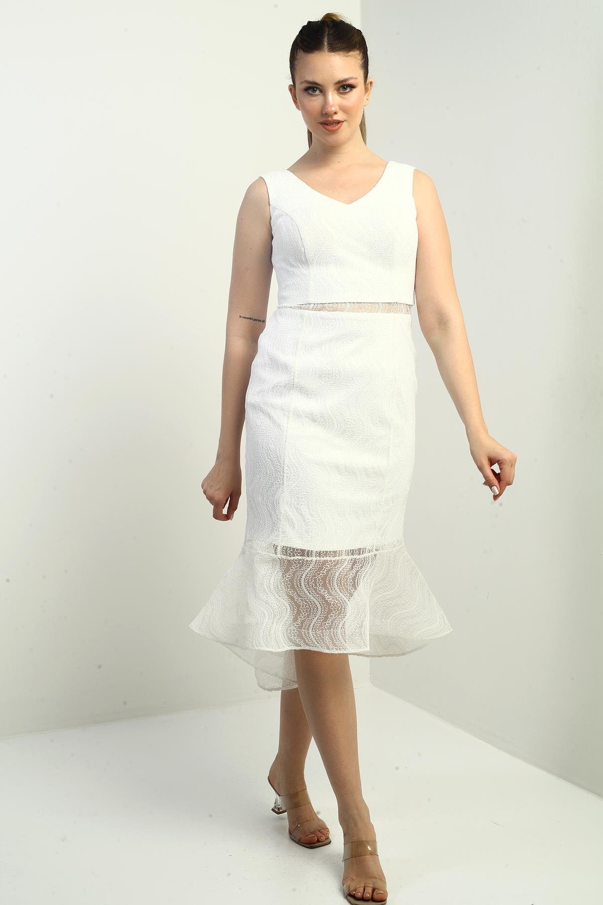 S-25K3050003Kadın V Yaka Astarlı Eteği Volanlı Midi Dantel Elbise