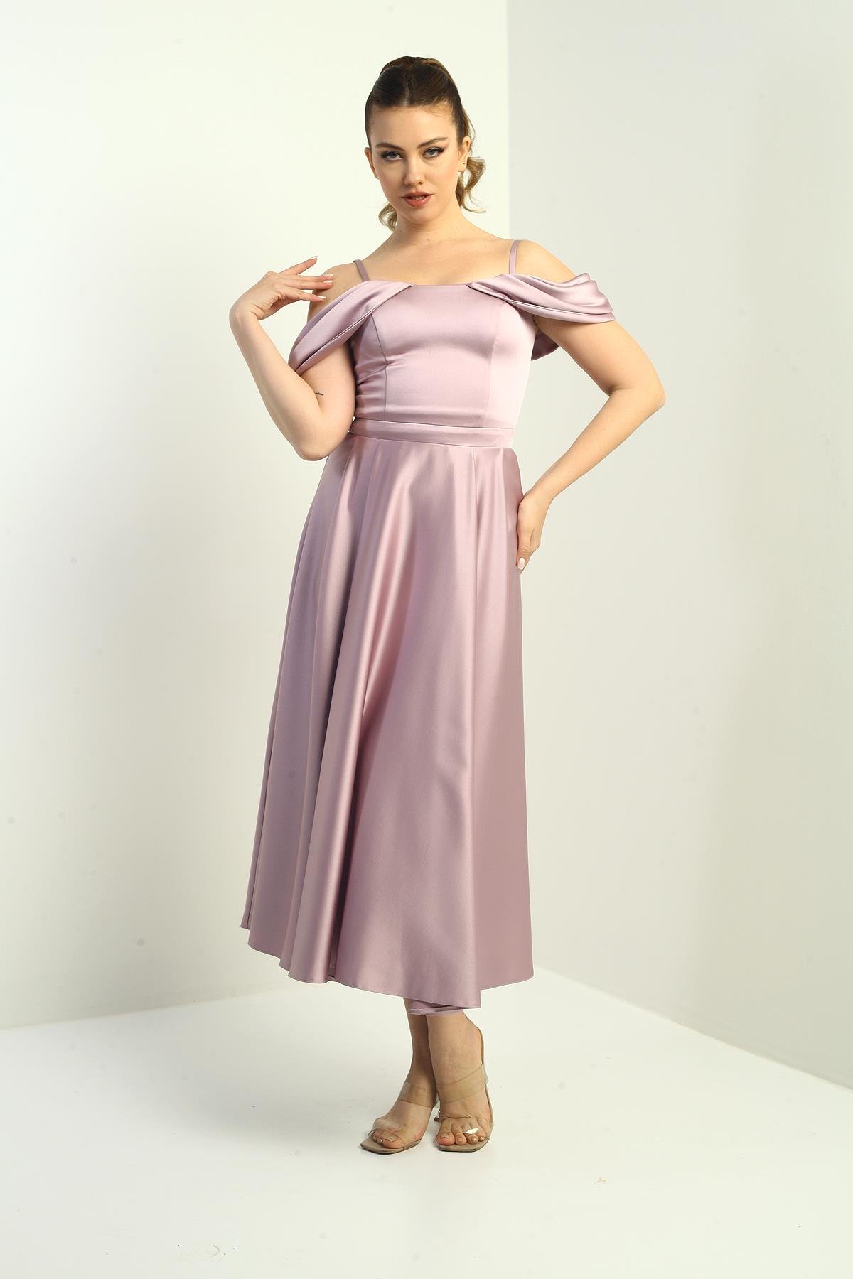 S-25K3050004Kadın İp Askılı Düşük Kollu Astarlı Pileli Saten Kloş Uzun Elbise