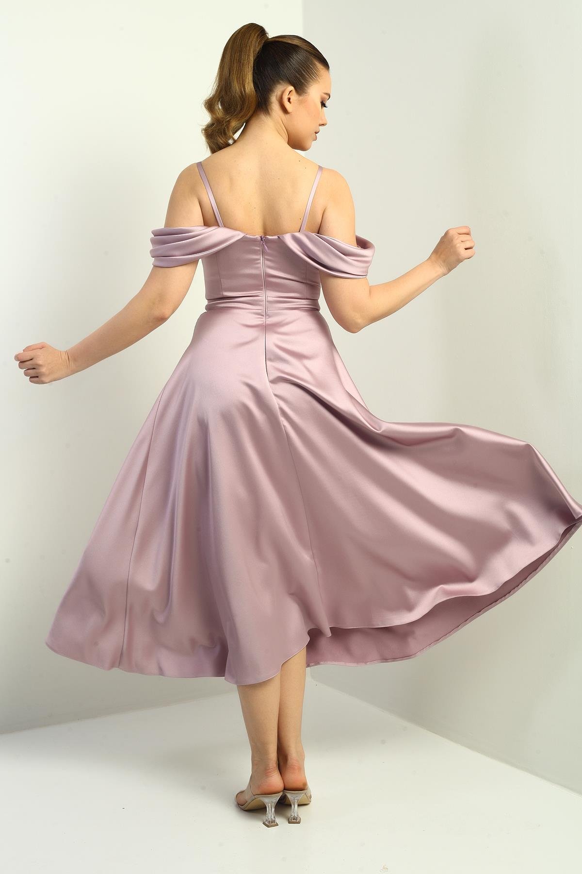 S-25K3050004Kadın İp Askılı Düşük Kollu Astarlı Pileli Saten Kloş Uzun Elbise