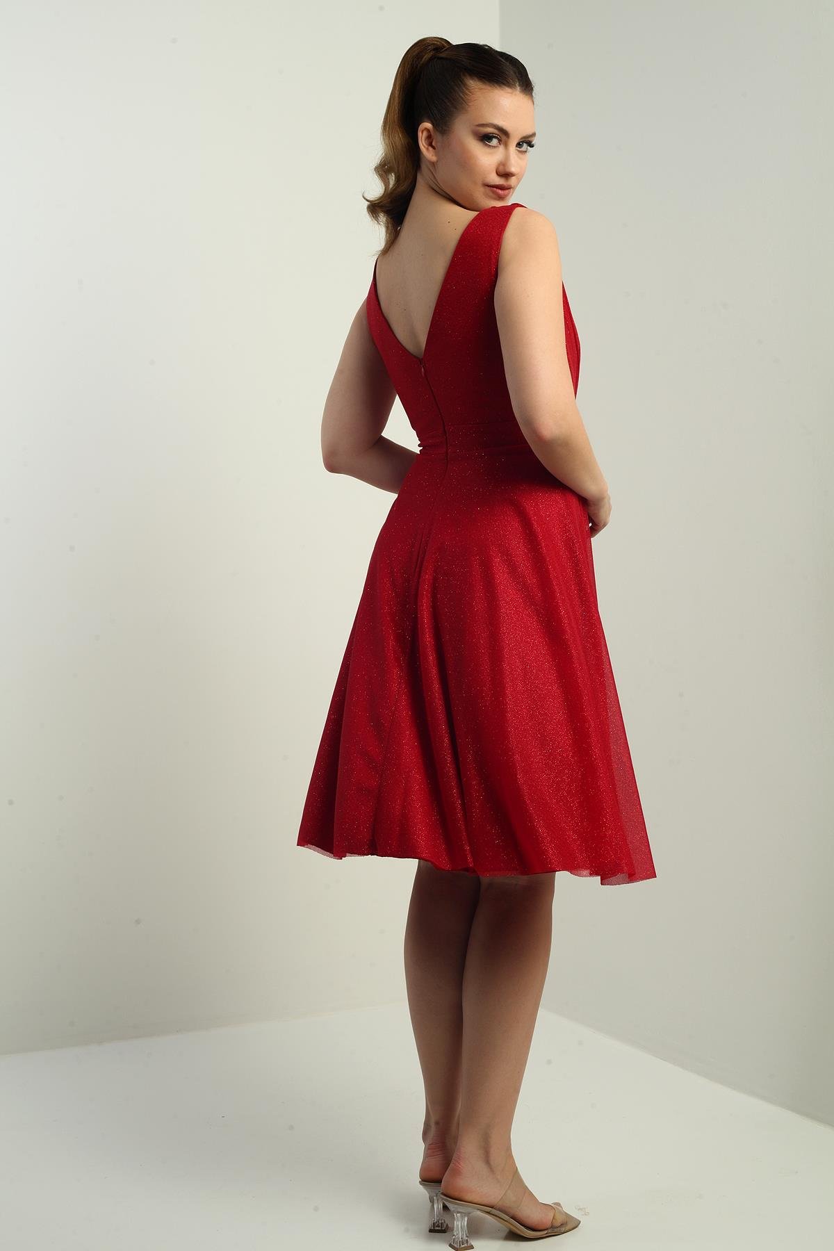 S-25K3050006Kadın Kruvaze Yaka Astarlı Kloş Simli Kısa Elbise