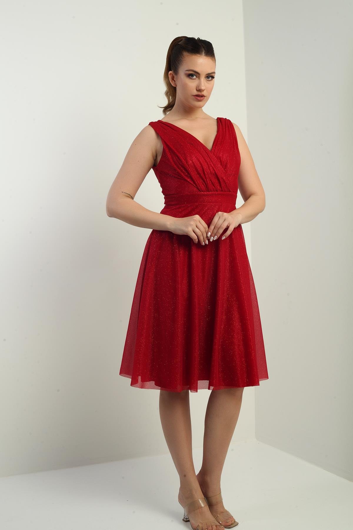 S-25K3050006Kadın Kruvaze Yaka Astarlı Kloş Simli Kısa Elbise