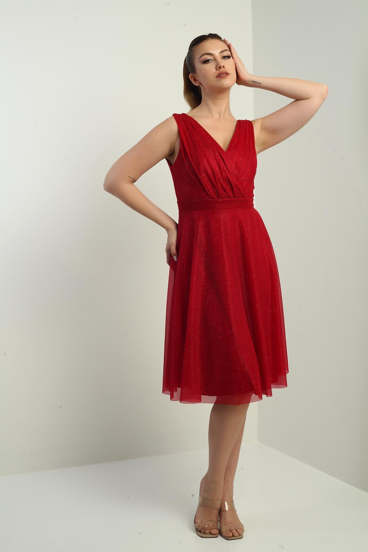 S-25K3050006Kadın Kruvaze Yaka Astarlı Kloş Simli Kısa Elbise