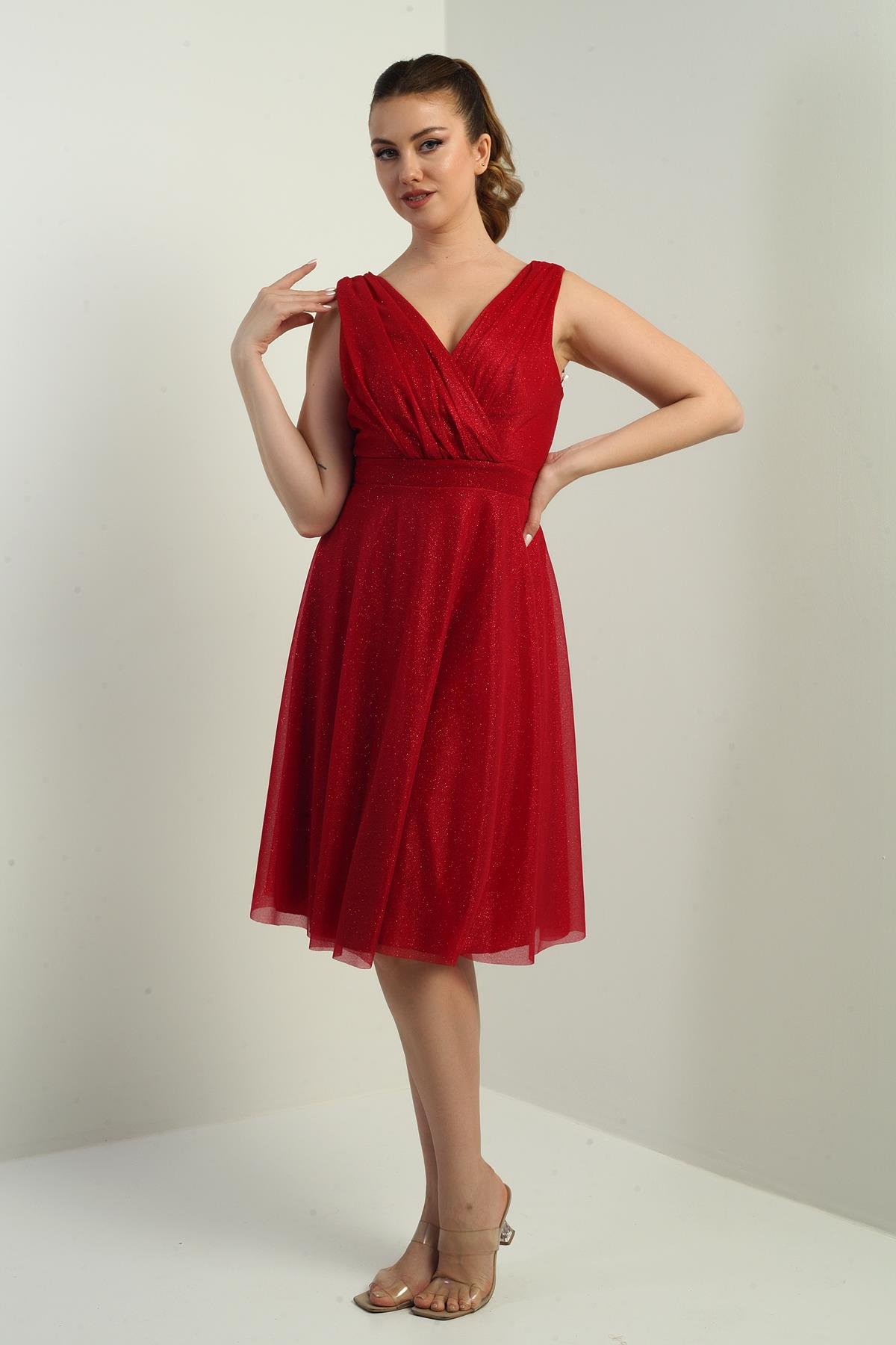 S-25K3050006Kadın Kruvaze Yaka Astarlı Kloş Simli Kısa Elbise