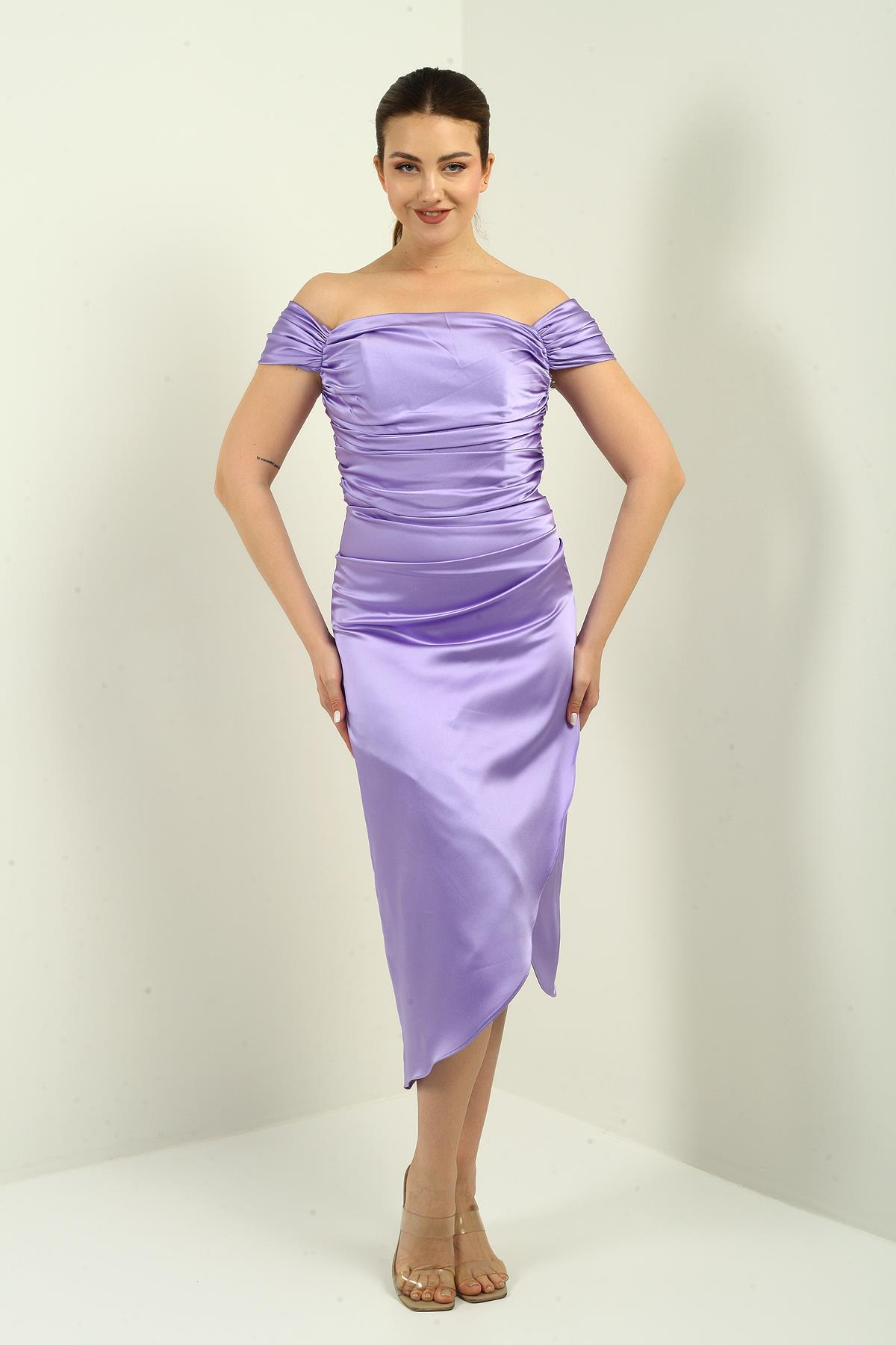 S-25K3050009Kadın Madonna Yaka Drapeli Asimetrik Saten Kısa Elbise