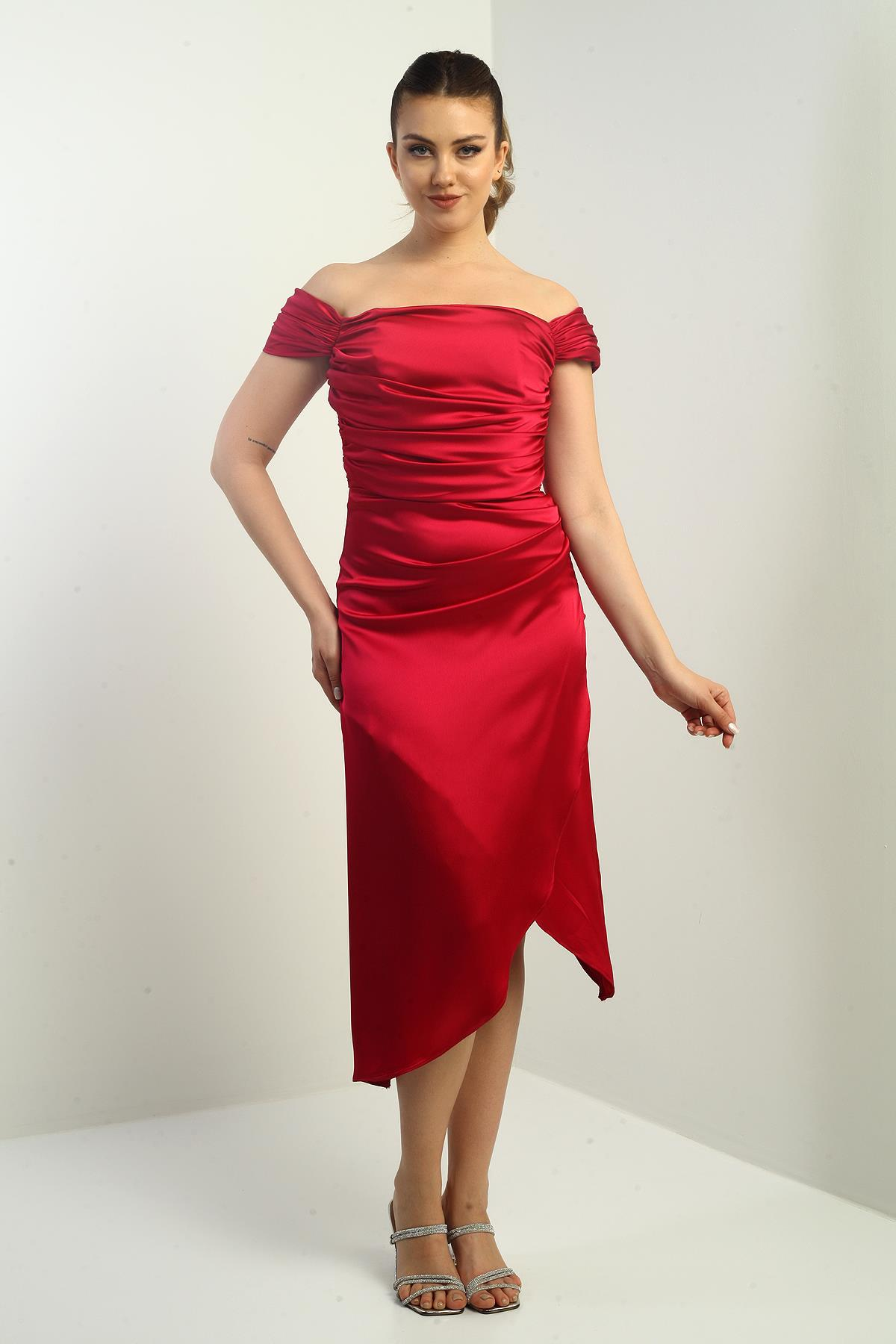 S-25K3050009Kadın Madonna Yaka Drapeli Asimetrik Saten Kısa Elbise