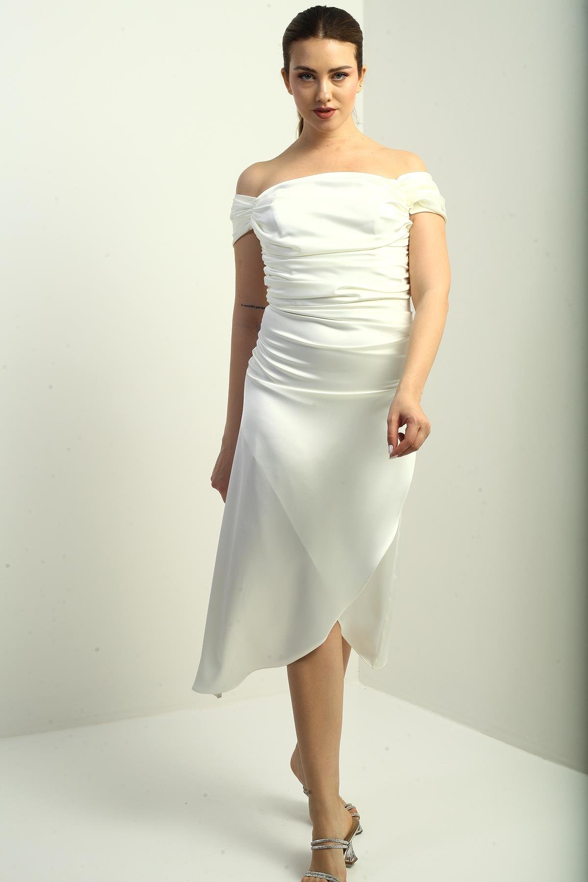 S-25K3050009Kadın Madonna Yaka Drapeli Asimetrik Saten Kısa Elbise