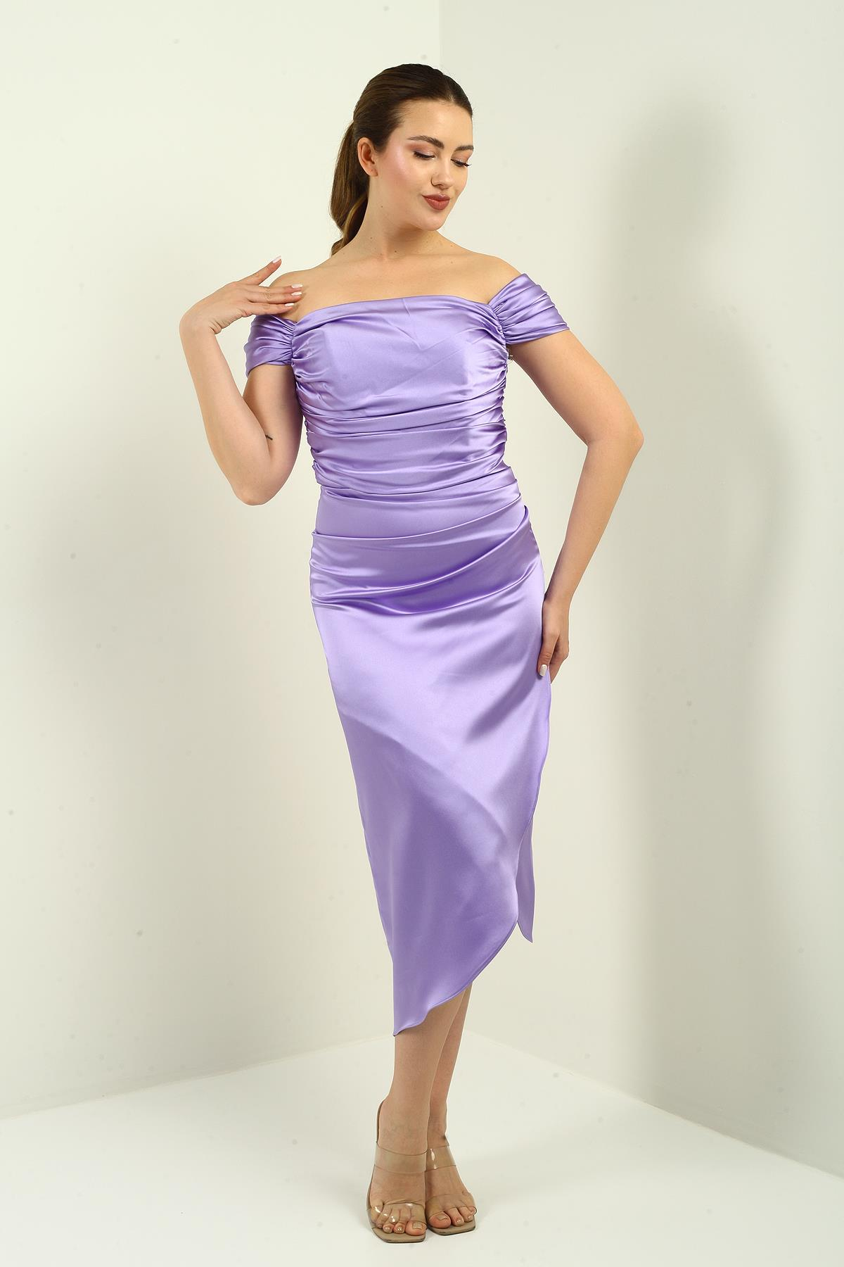 S-25K3050009Kadın Madonna Yaka Drapeli Asimetrik Saten Kısa Elbise