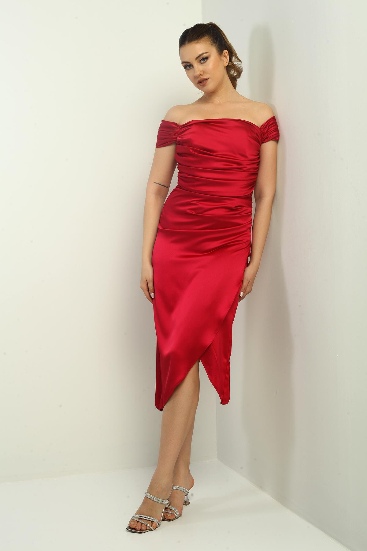 S-25K3050009Kadın Madonna Yaka Drapeli Asimetrik Saten Kısa Elbise