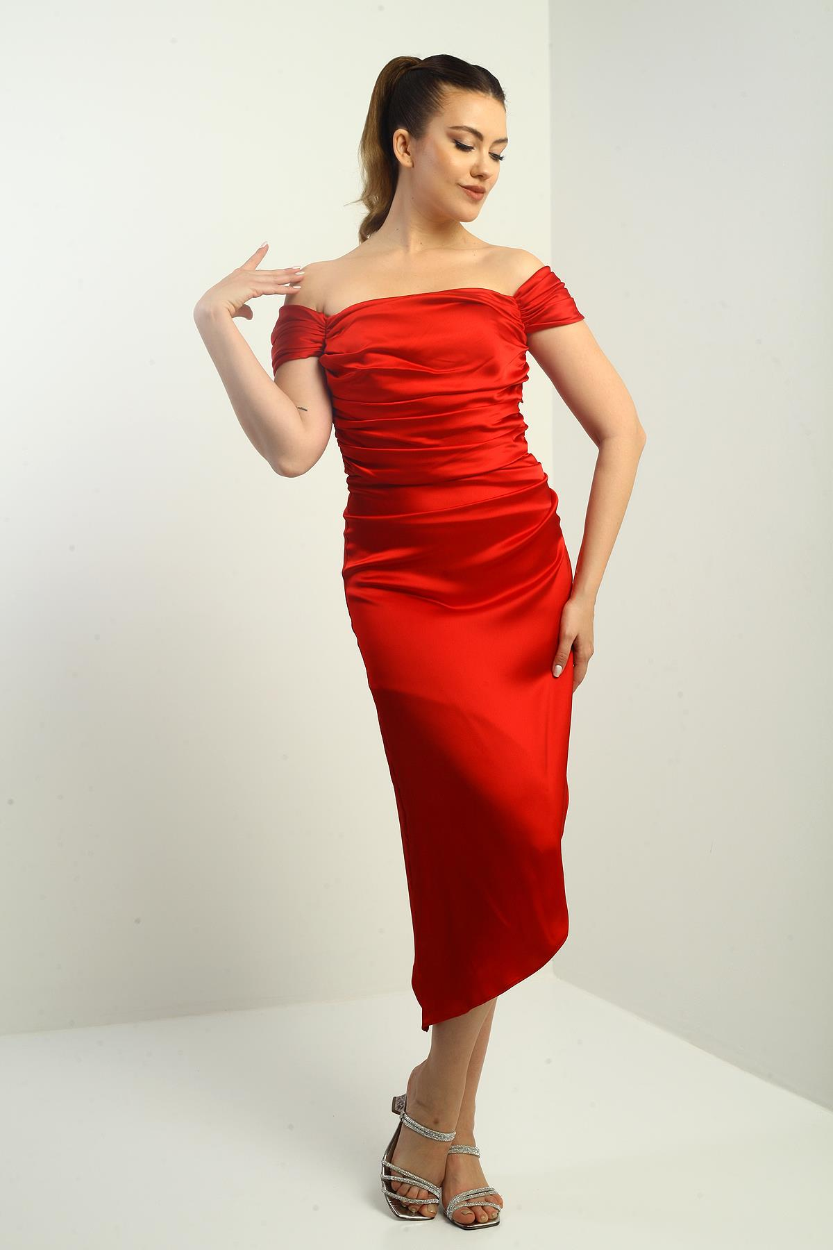 S-25K3050009Kadın Madonna Yaka Drapeli Asimetrik Saten Kısa Elbise