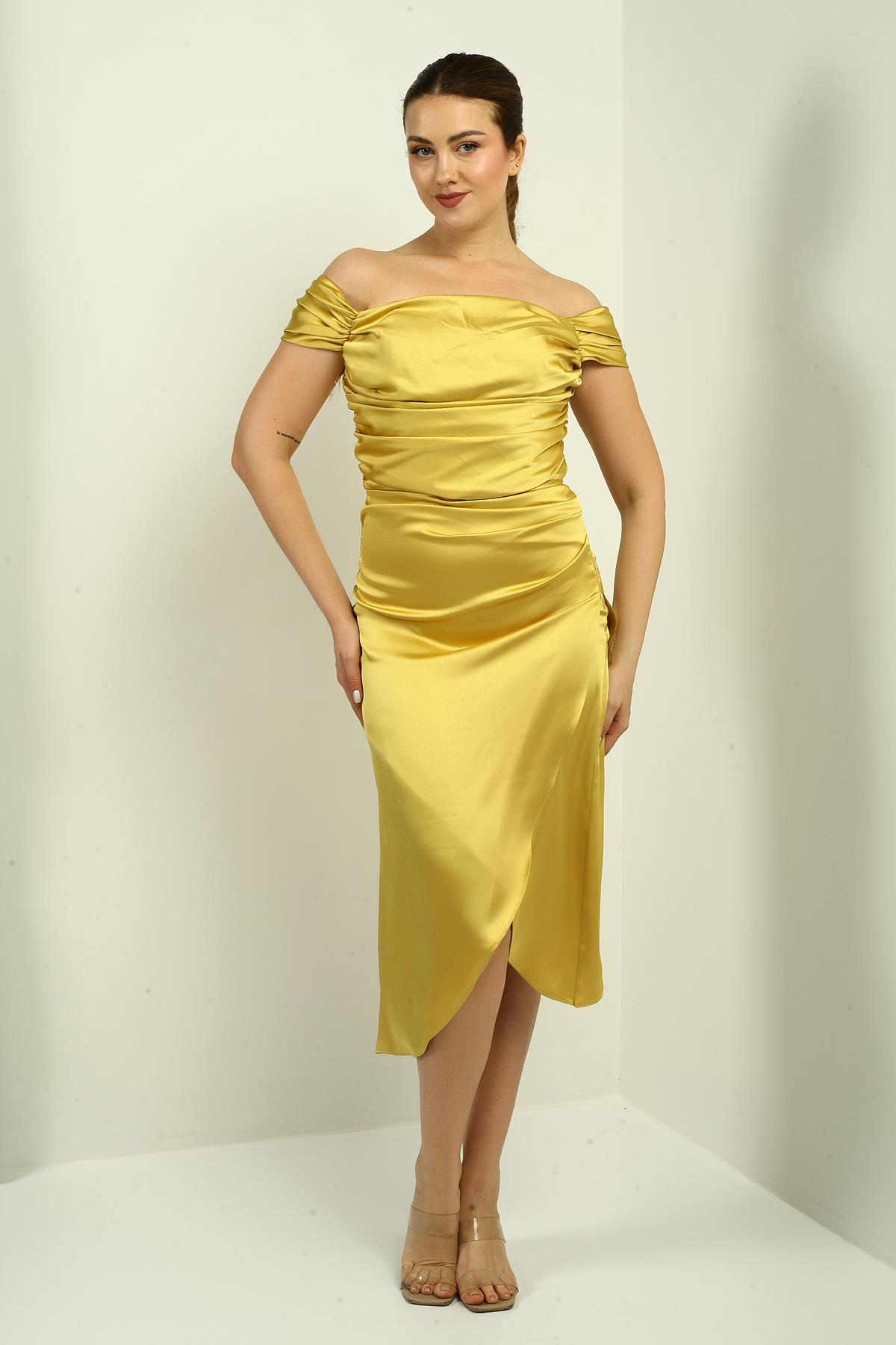 S-25K3050009Kadın Madonna Yaka Drapeli Asimetrik Saten Kısa Elbise