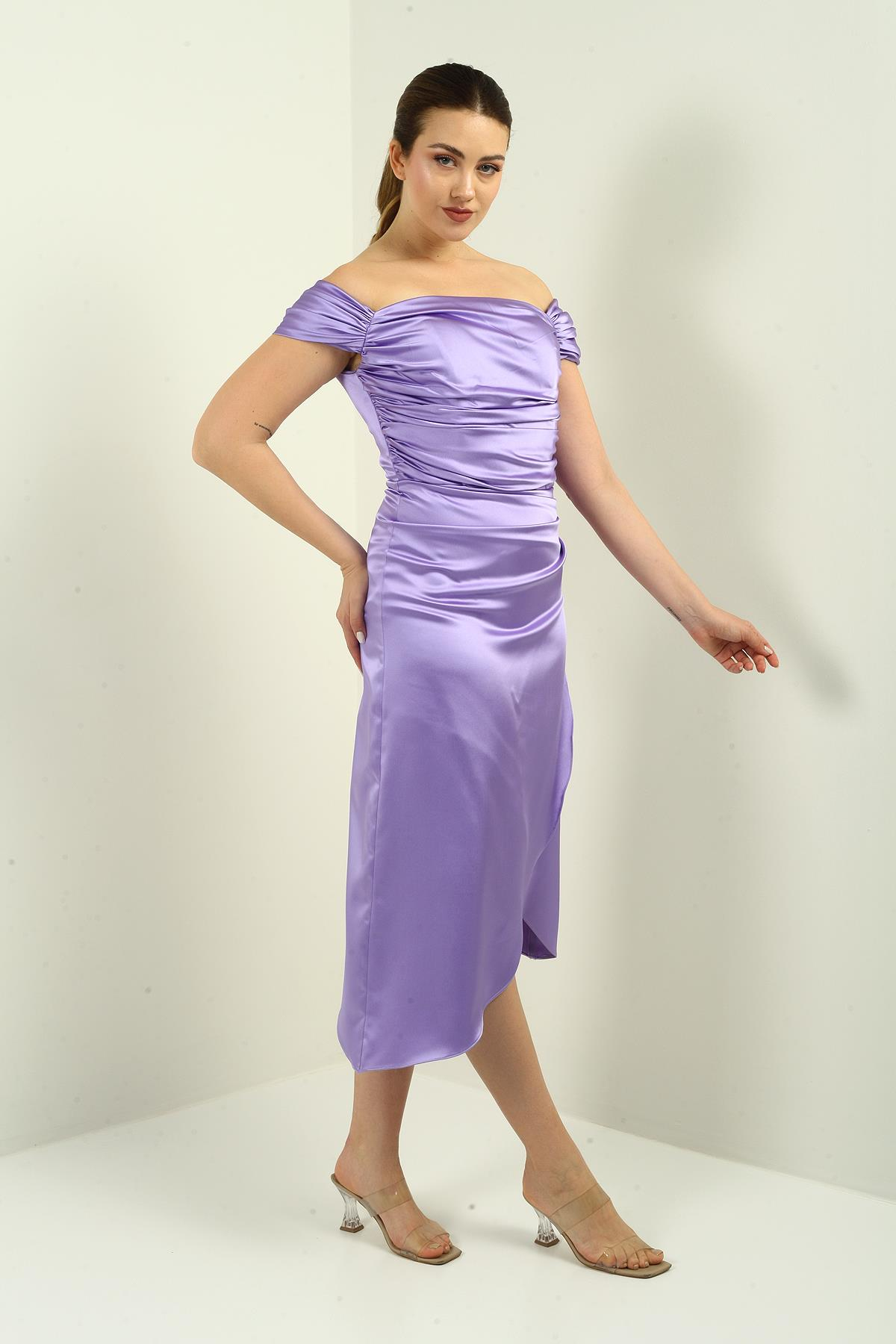 S-25K3050009Kadın Madonna Yaka Drapeli Asimetrik Saten Kısa Elbise