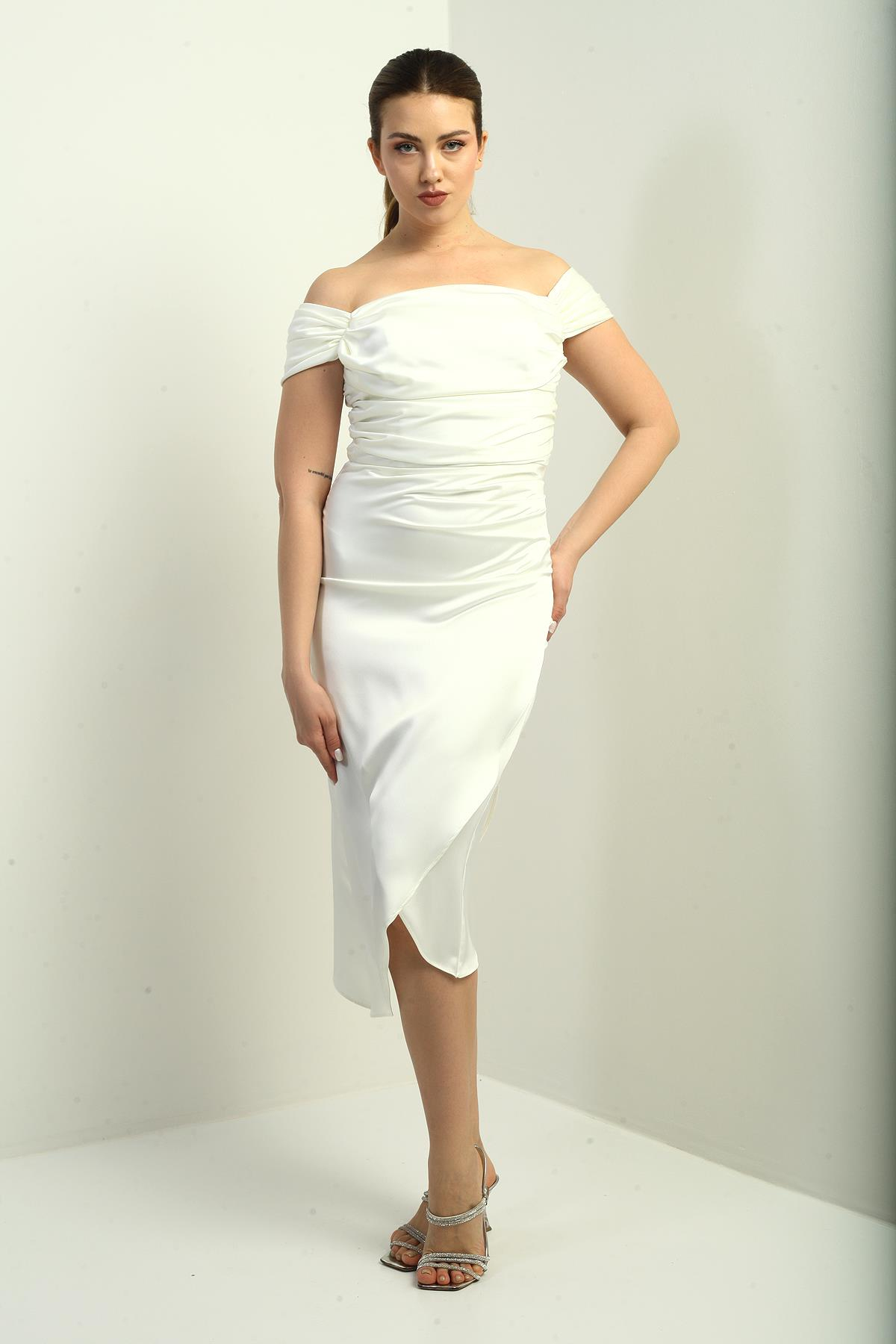 S-25K3050009Kadın Madonna Yaka Drapeli Asimetrik Saten Kısa Elbise