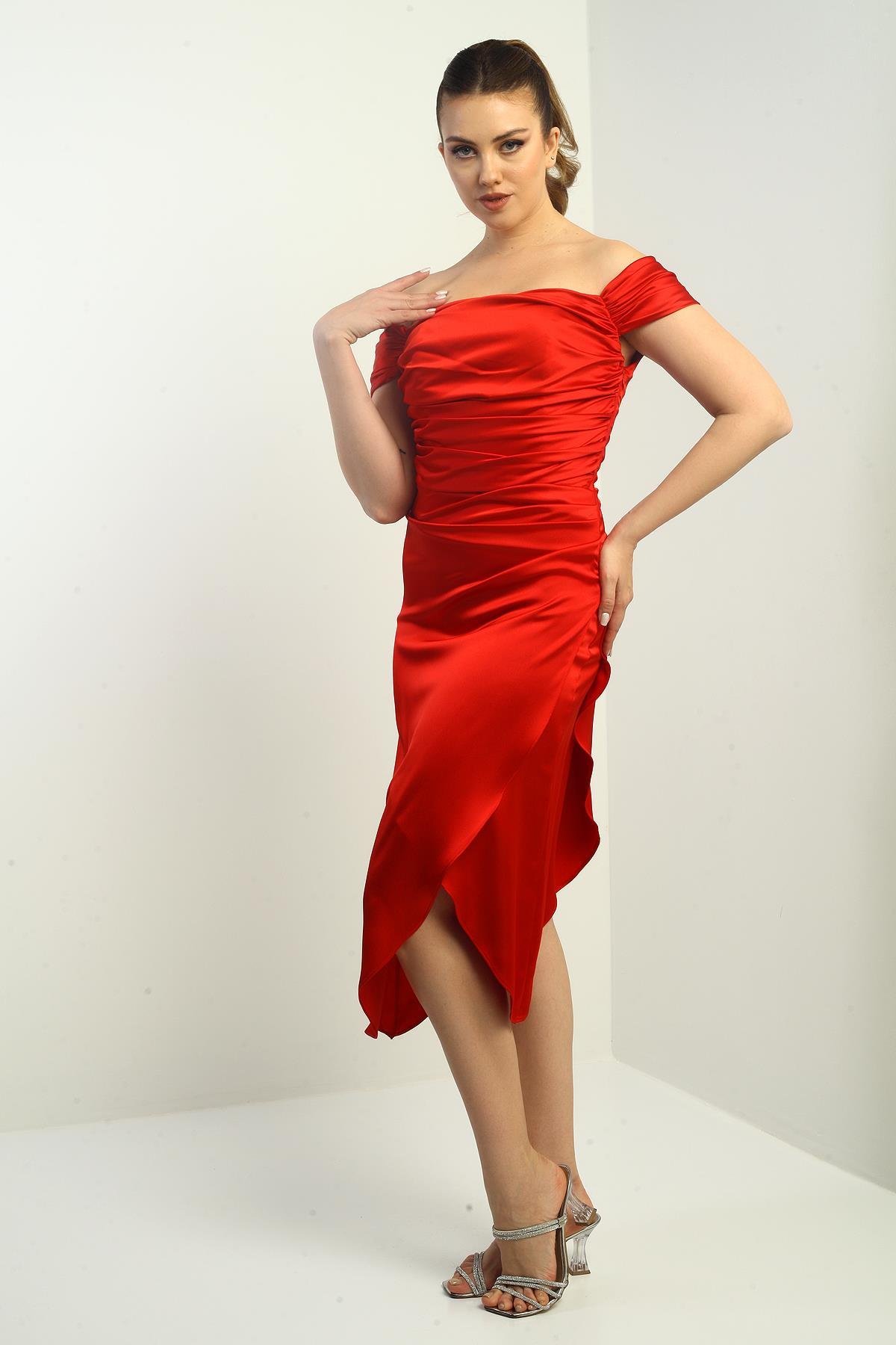 S-25K3050009Kadın Madonna Yaka Drapeli Asimetrik Saten Kısa Elbise