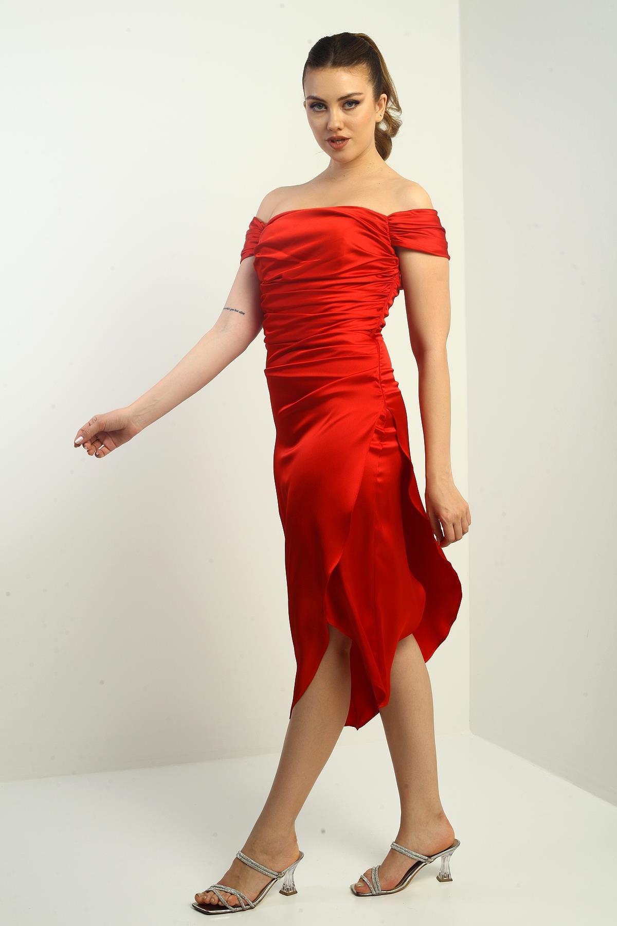 S-25K3050009Kadın Madonna Yaka Drapeli Asimetrik Saten Kısa Elbise