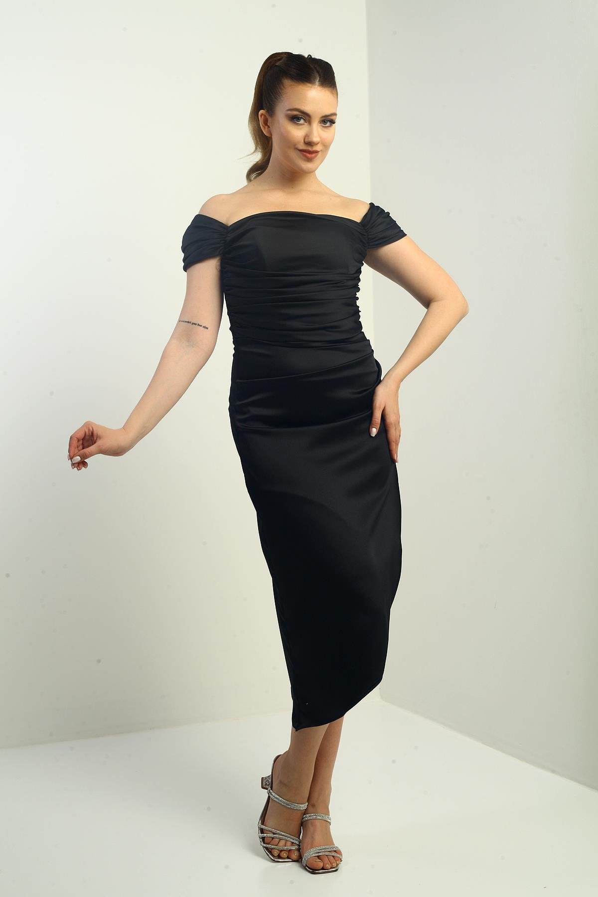 S-25K3050009Kadın Madonna Yaka Drapeli Asimetrik Saten Kısa Elbise