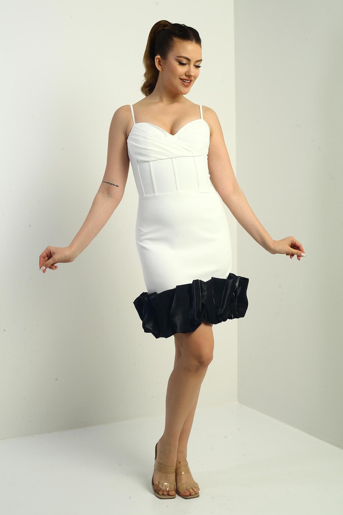 S-25K3050011Kadın İp Askılı Astarlı Etek Saten Drapeli Kısa Krep Elbise