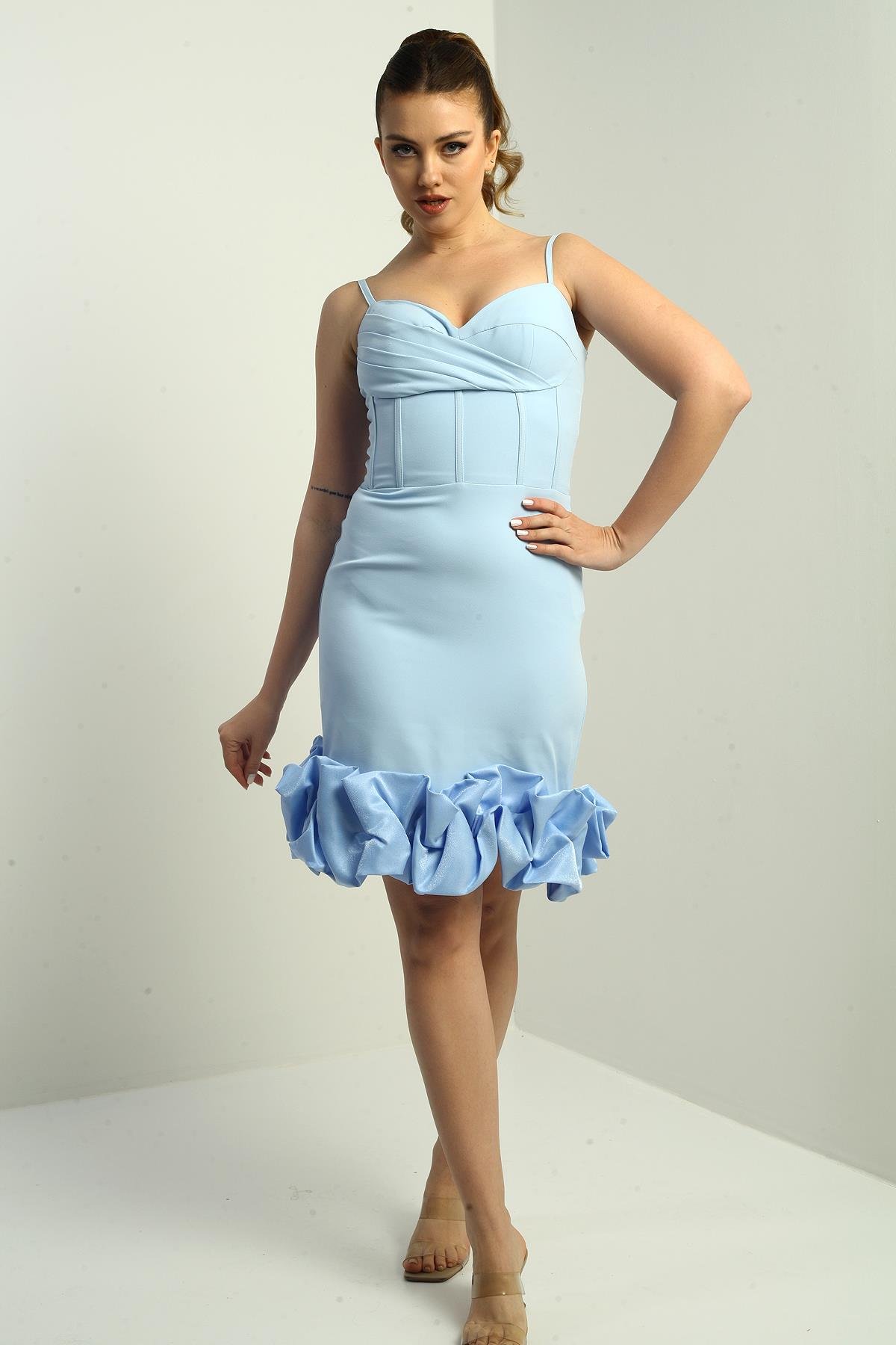 S-25K3050011Kadın İp Askılı Astarlı Etek Saten Drapeli Kısa Krep Elbise