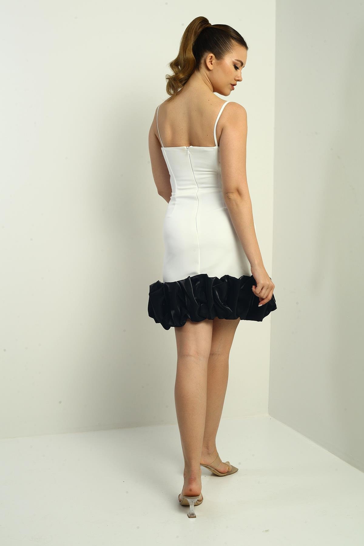 S-25K3050011Kadın İp Askılı Astarlı Etek Saten Drapeli Kısa Krep Elbise