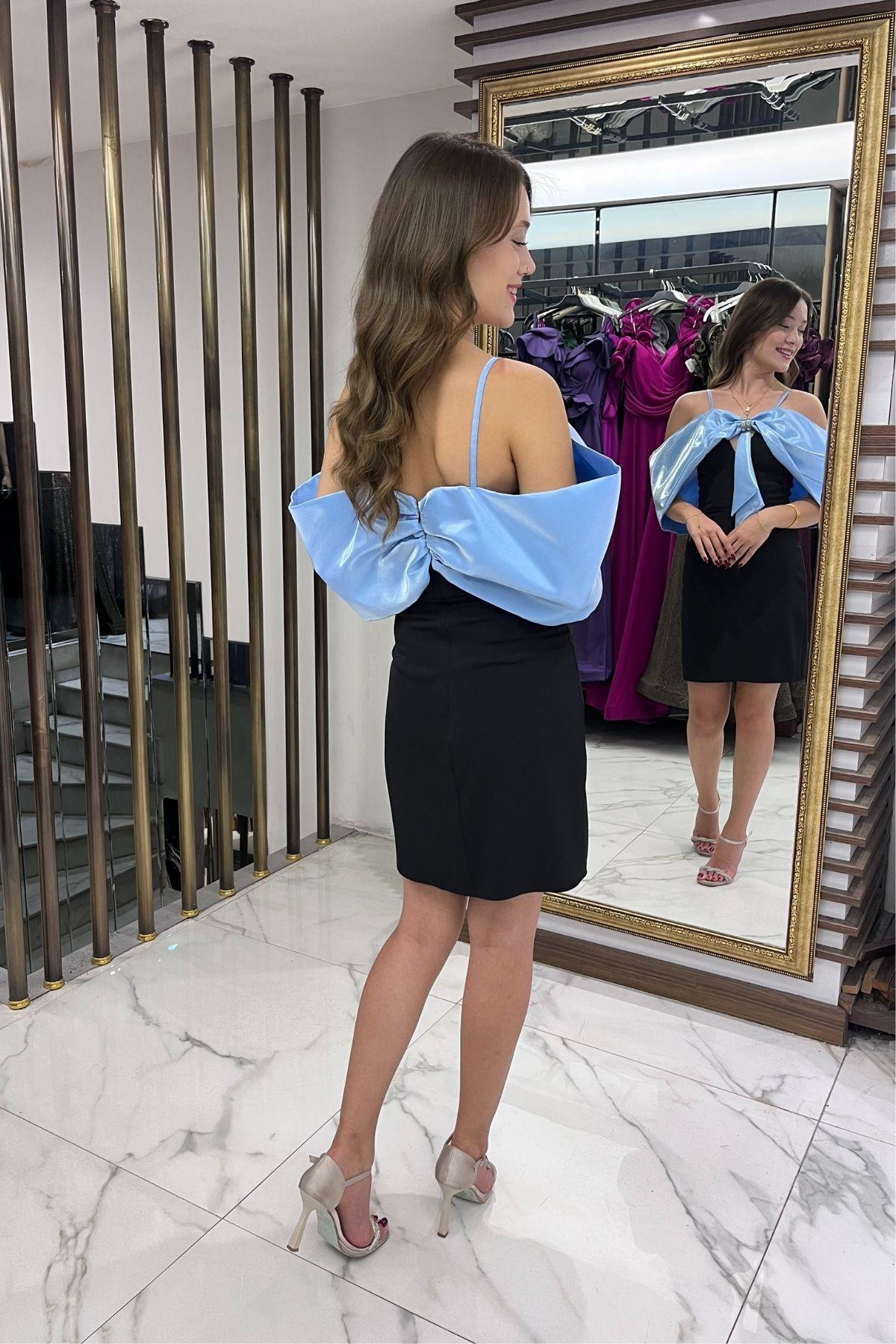 S-25K3050017Kadın İp Askılı Taş İşlemeli Astarlı Saten Fiyonk Detaylı Kısa Elbise