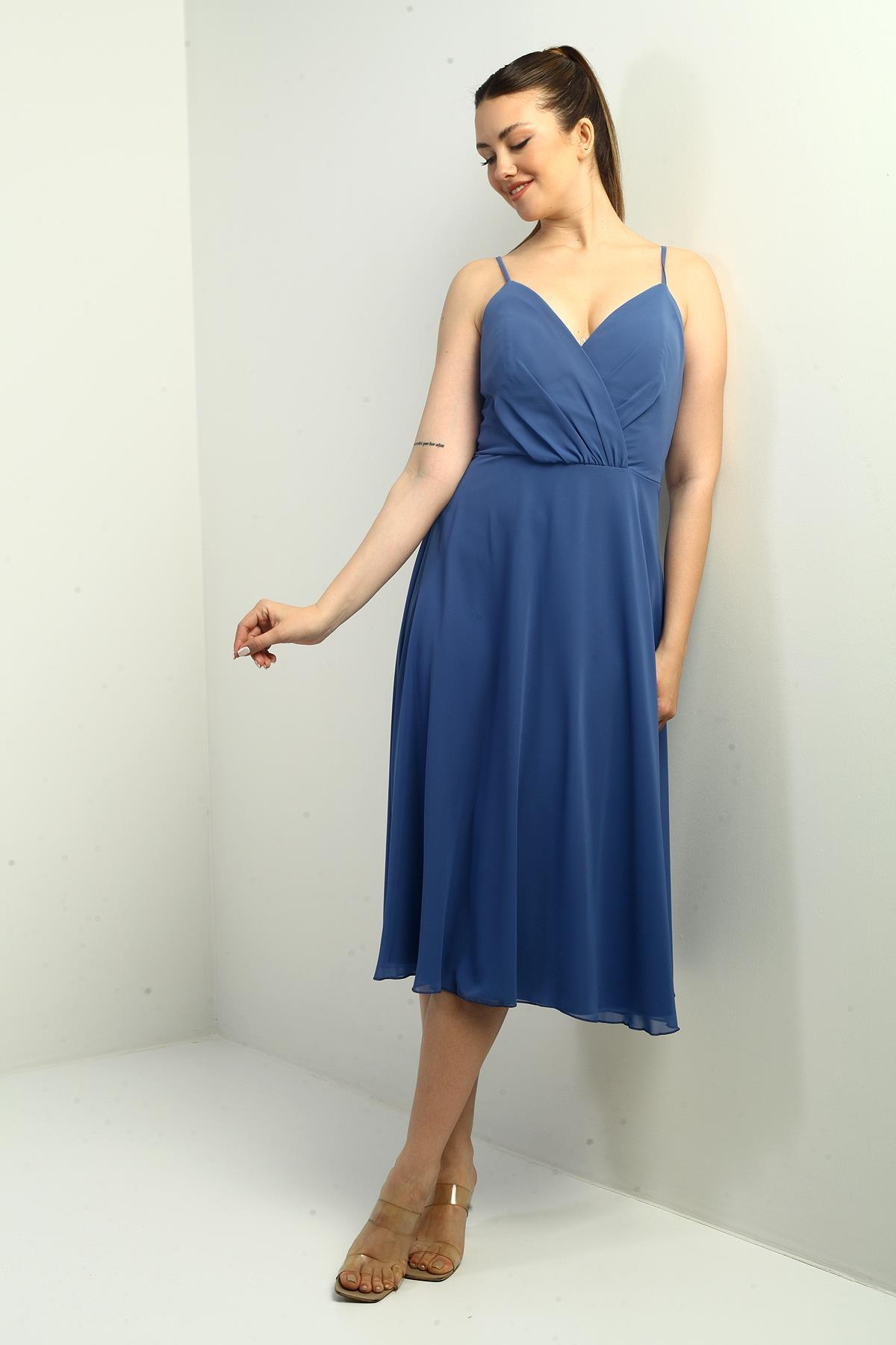 S-25K3050020Kadın İp Askılı Kruvaze Yaka Astarlı Arkası Bağcıklı Kloş Şifon Elbise