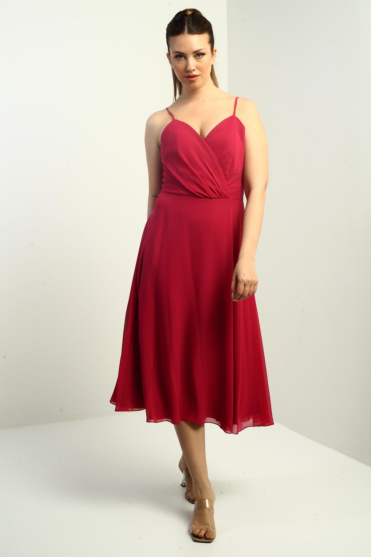 S-25K3050020Kadın İp Askılı Kruvaze Yaka Astarlı Arkası Bağcıklı Kloş Şifon Elbise