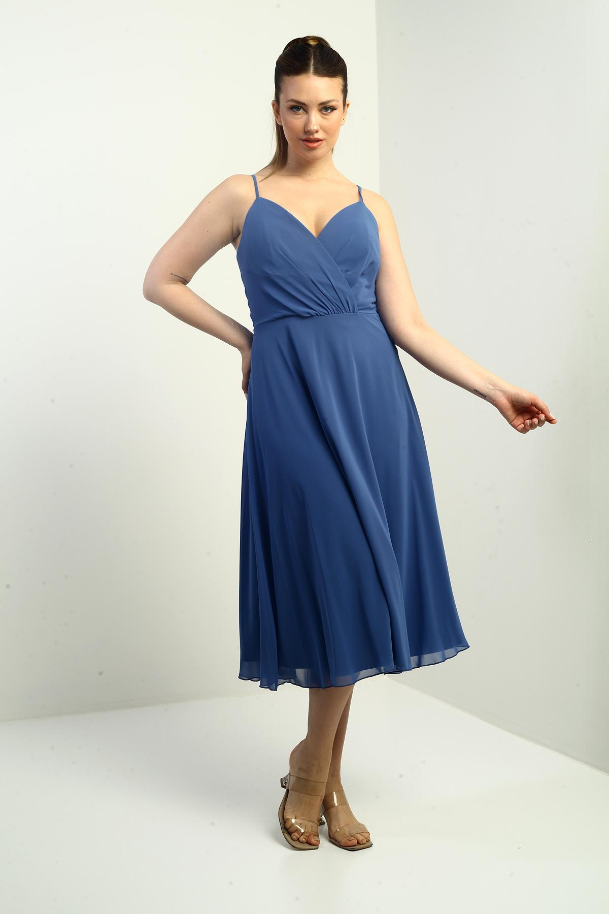 S-25K3050020Kadın İp Askılı Kruvaze Yaka Astarlı Arkası Bağcıklı Kloş Şifon Elbise