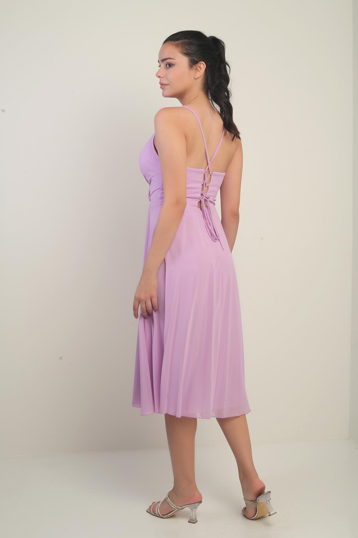 S-25K3050020Kadın İp Askılı Kruvaze Yaka Astarlı Arkası Bağcıklı Kloş Şifon Elbise