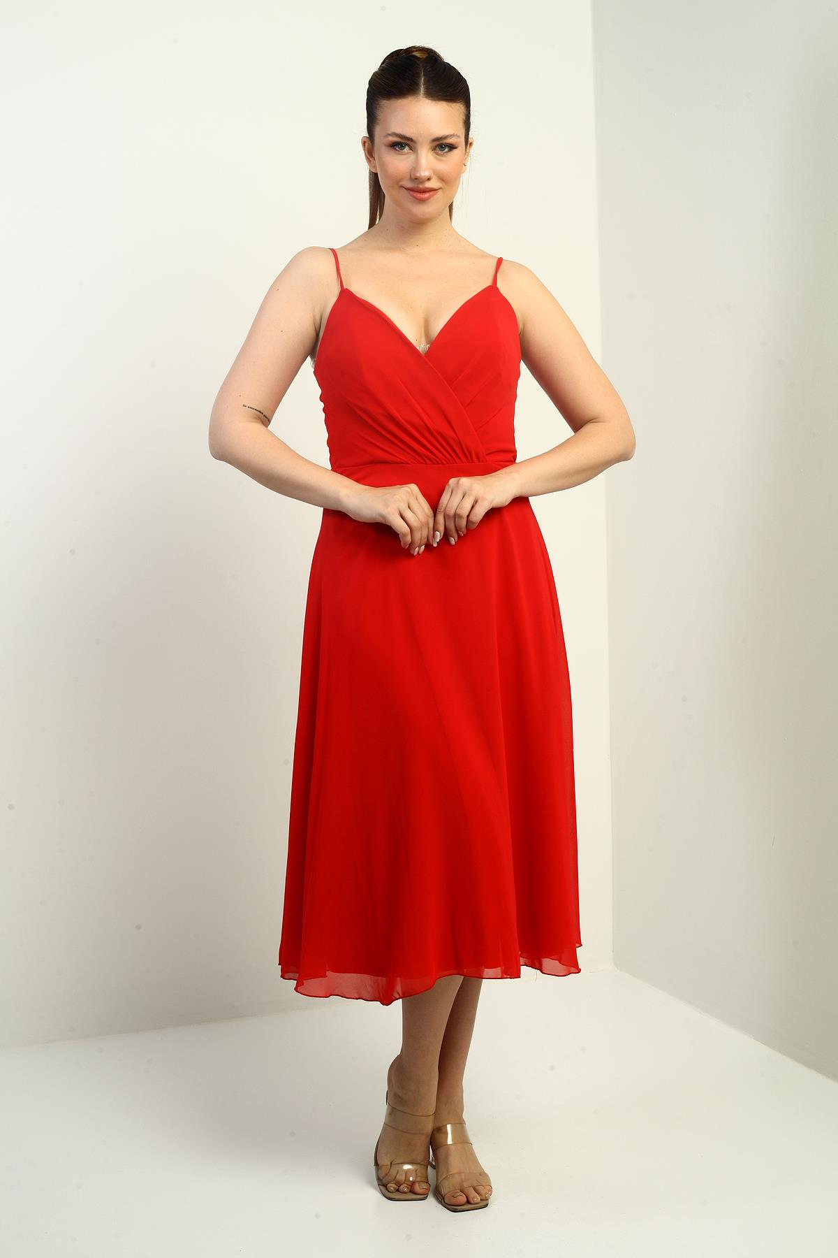 S-25K3050020Kadın İp Askılı Kruvaze Yaka Astarlı Arkası Bağcıklı Kloş Şifon Elbise