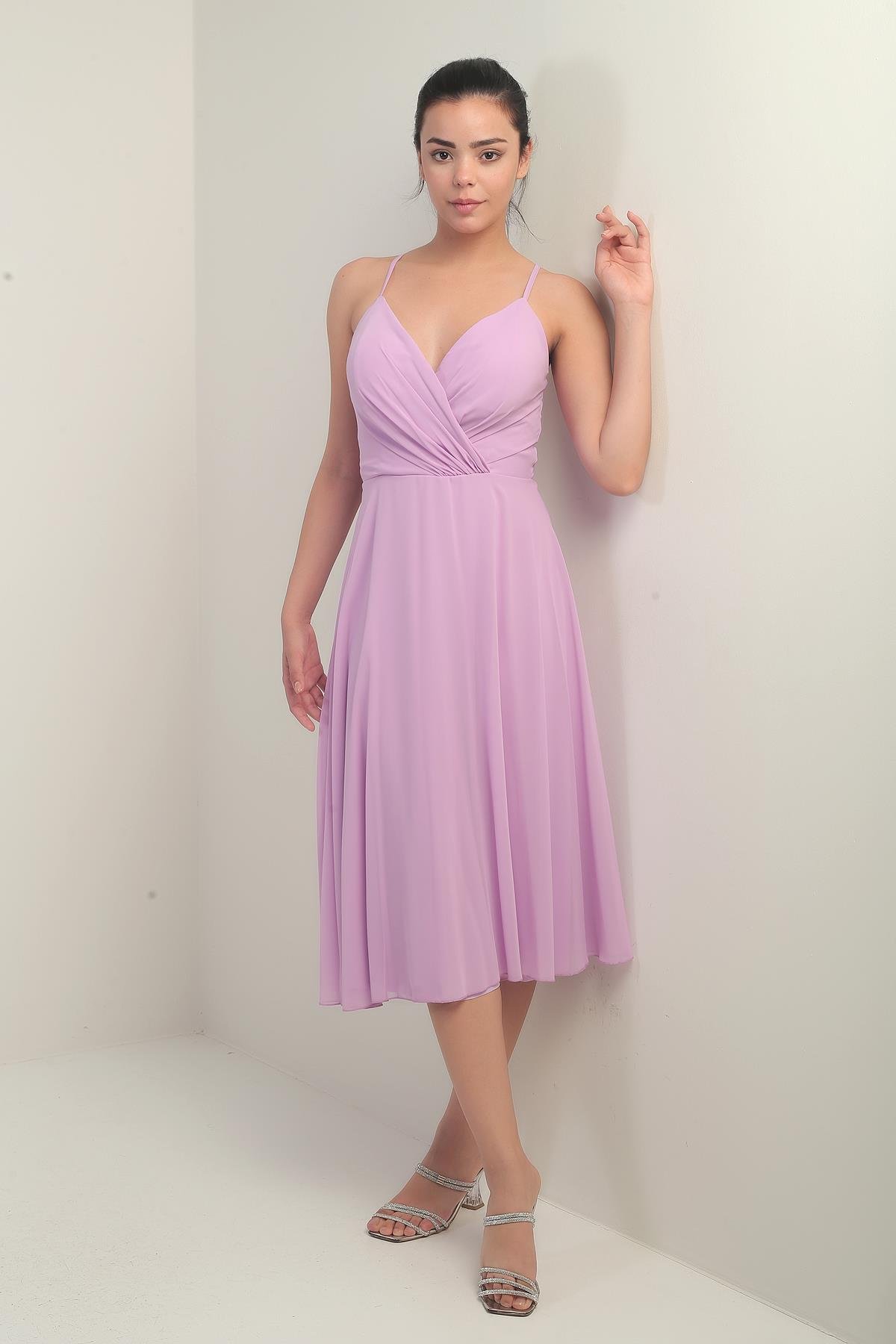 S-25K3050020Kadın İp Askılı Kruvaze Yaka Astarlı Arkası Bağcıklı Kloş Şifon Elbise