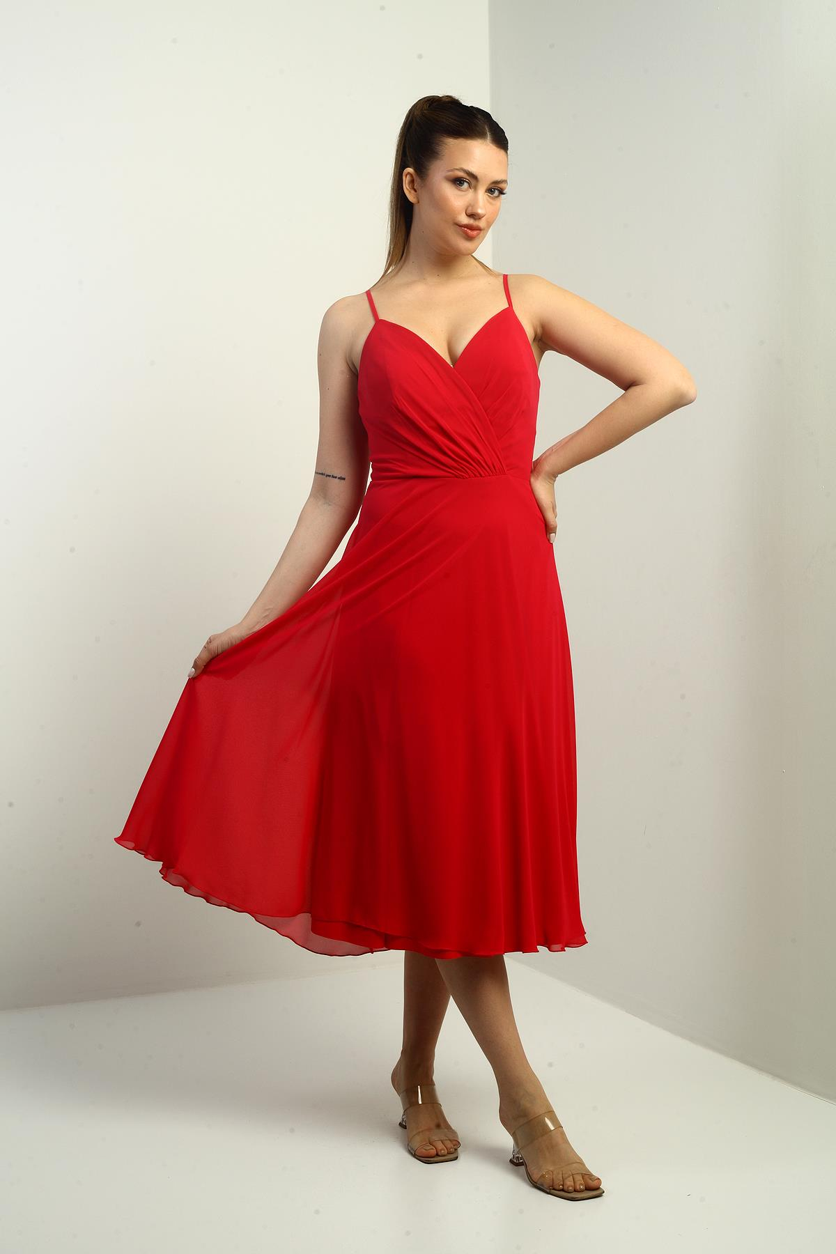 S-25K3050020Kadın İp Askılı Kruvaze Yaka Astarlı Arkası Bağcıklı Kloş Şifon Elbise