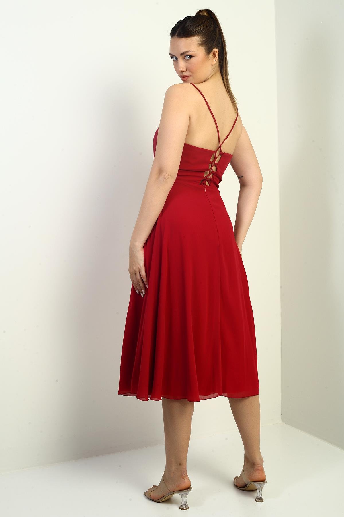 S-25K3050020Kadın İp Askılı Kruvaze Yaka Astarlı Arkası Bağcıklı Kloş Şifon Elbise