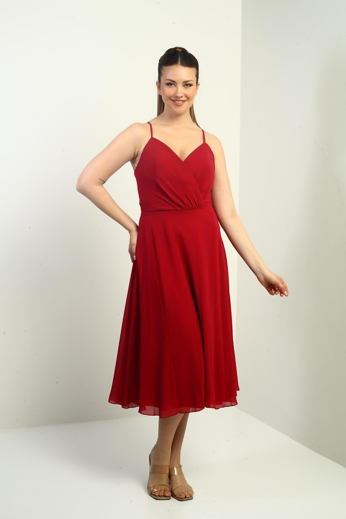 S-25K3050020Kadın İp Askılı Kruvaze Yaka Astarlı Arkası Bağcıklı Kloş Şifon Elbise