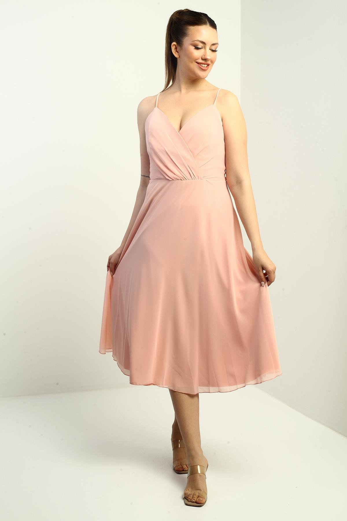 S-25K3050020Kadın İp Askılı Kruvaze Yaka Astarlı Arkası Bağcıklı Kloş Şifon Elbise