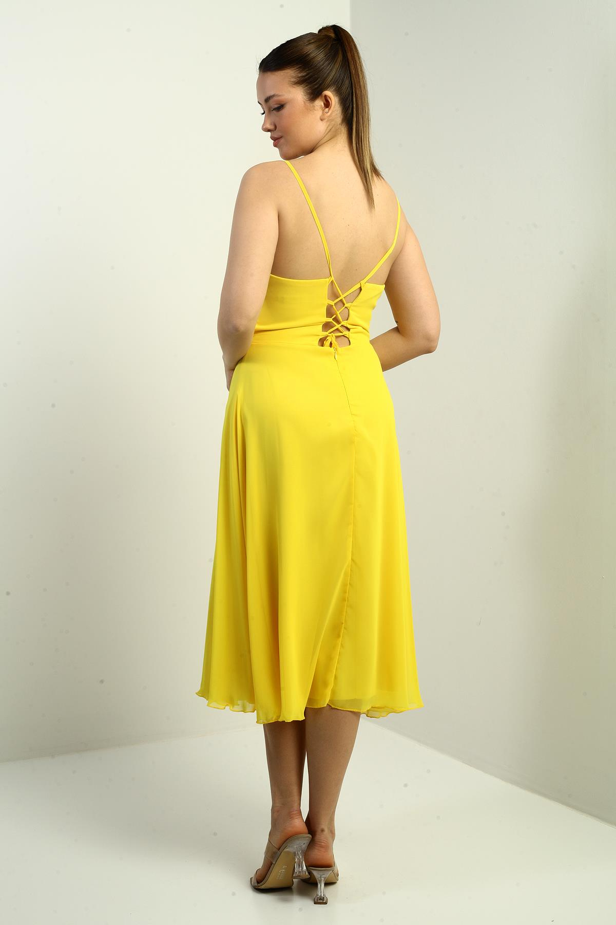 S-25K3050020Kadın İp Askılı Kruvaze Yaka Astarlı Arkası Bağcıklı Kloş Şifon Elbise